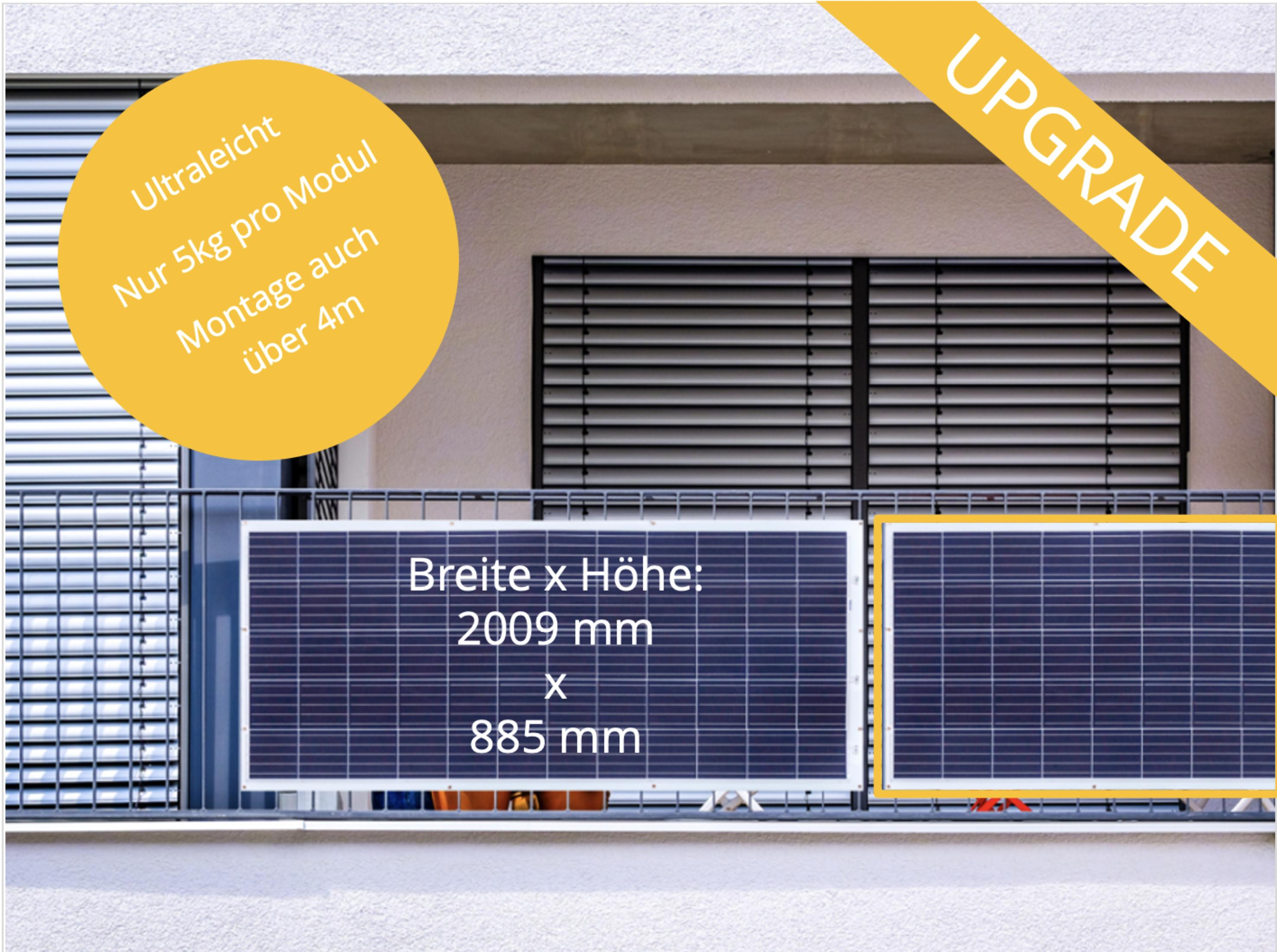 Solarpaneele auf Balkon, Text mit Abmessungen und Eigenschaften.