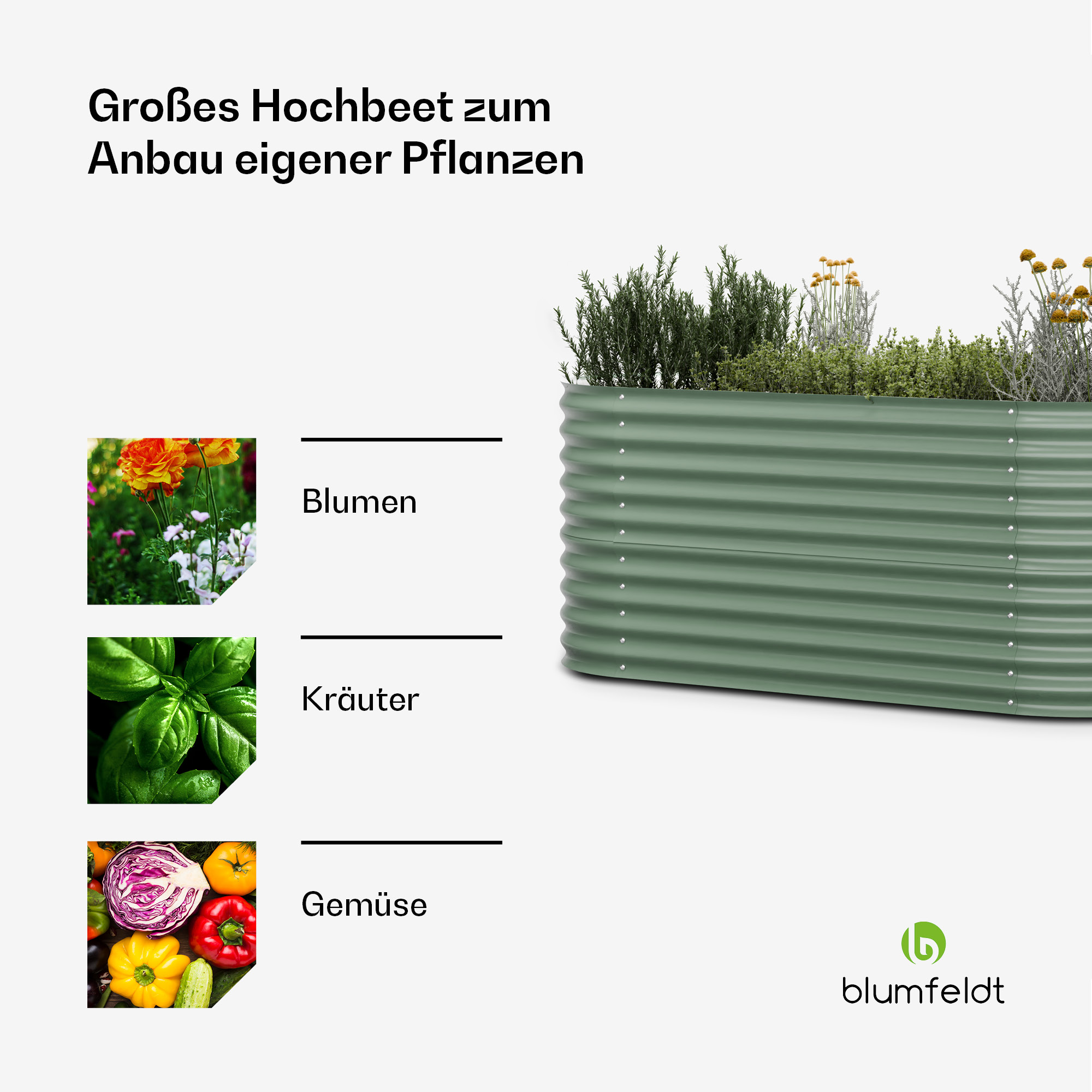 Grünes Hochbeet mit Pflanzen: Blumen, Kräuter und Gemüse. Weißer Hintergrund mit Markenlogo unten.