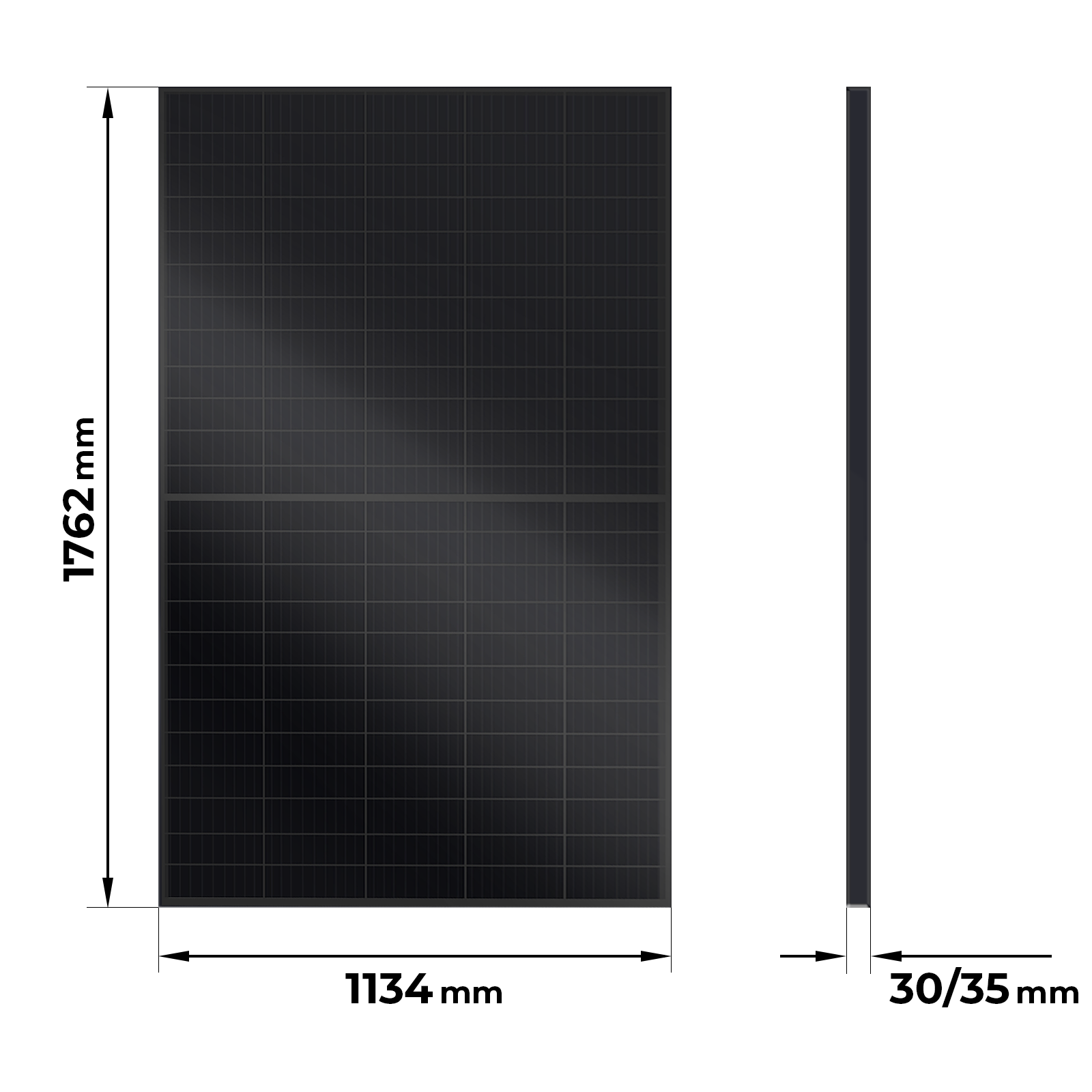 Solarpanel von oben und von der Seite. Abmessungen sind angegeben, 1762 mm x 1134 mm x 30/35 mm.