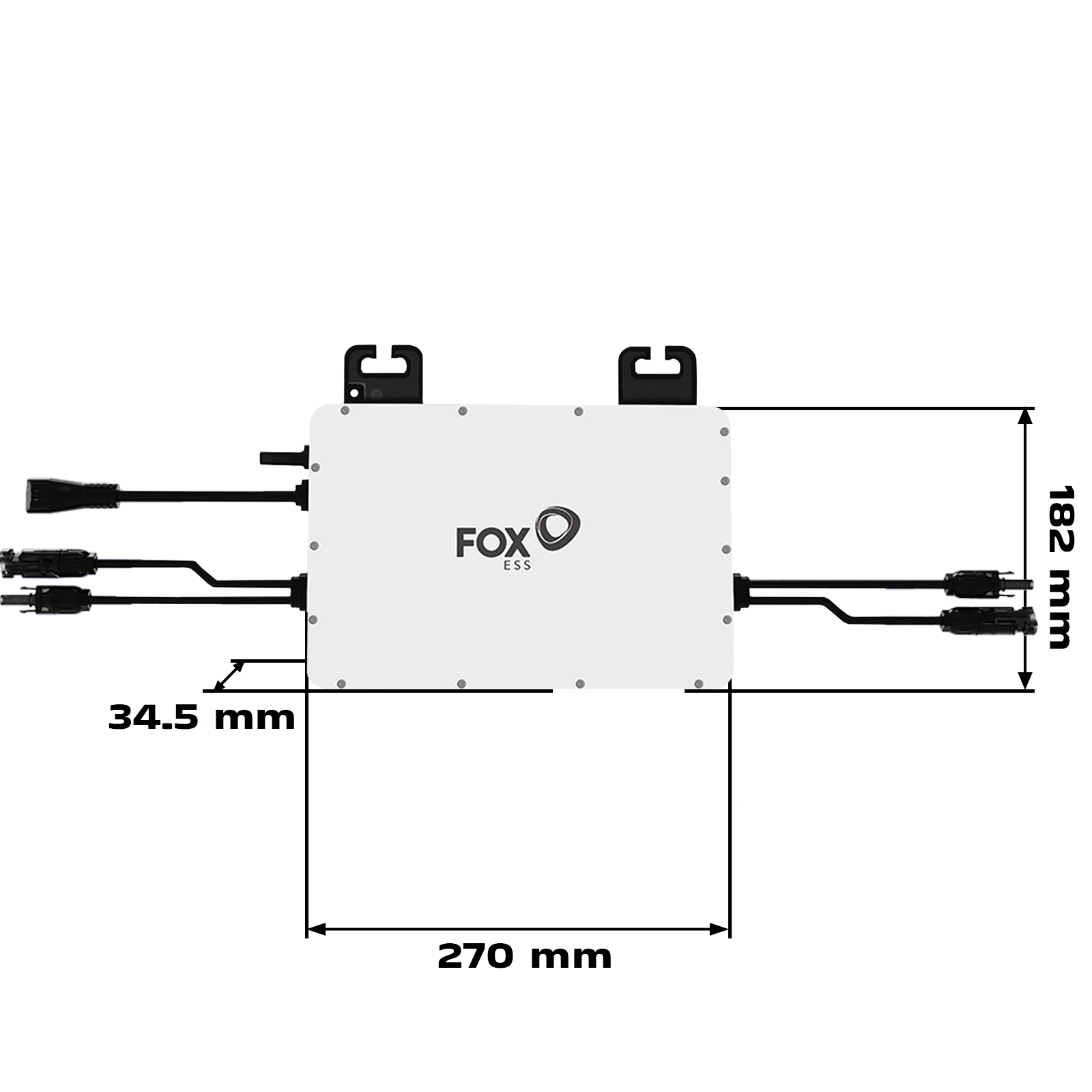 Weißes Fox ESS Energiespeichersystem. Abmessungen: 270x182mm. Schwarze Kabel und Anschlüsse. Weißer Hintergrund.