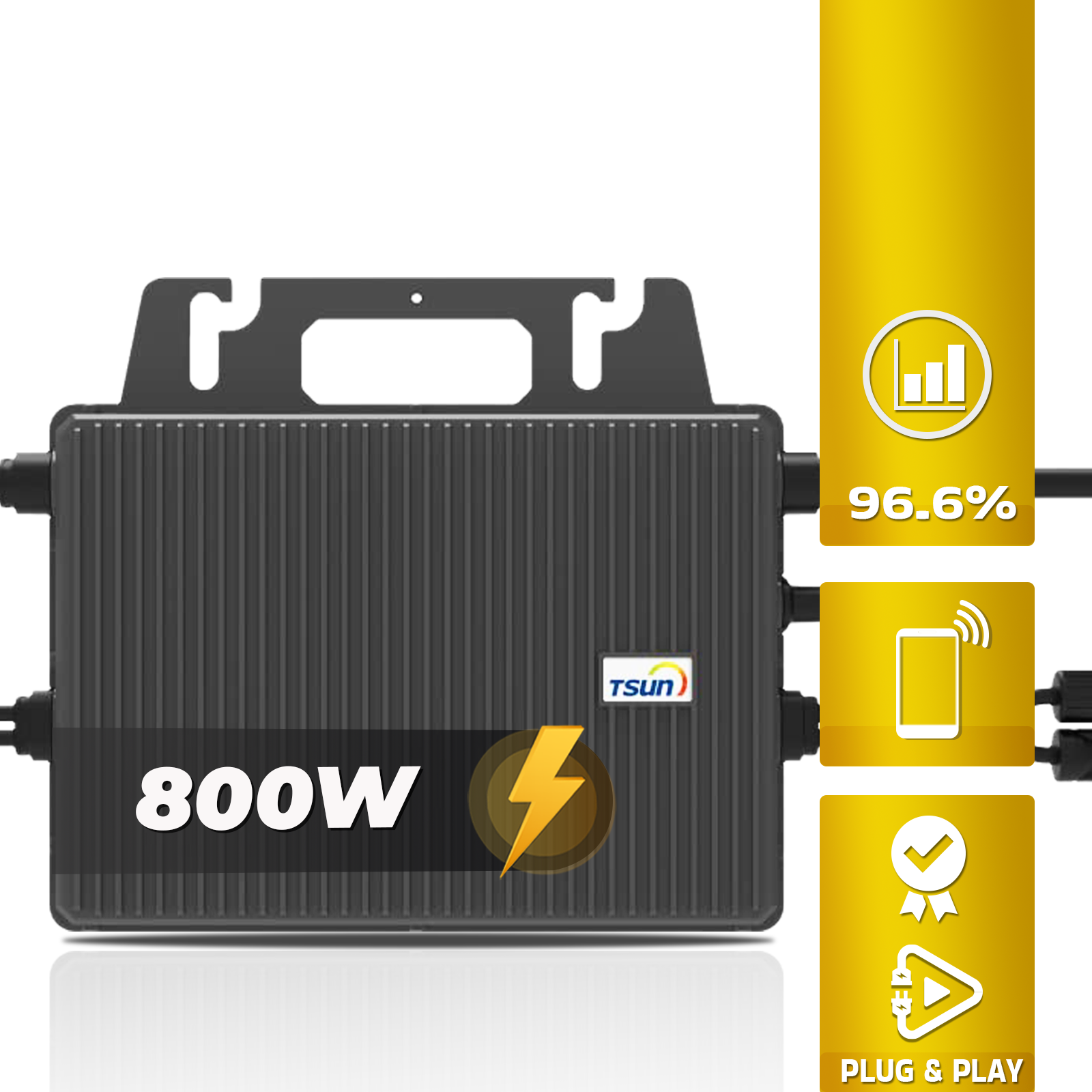 Ein schwarzes Solarpanel mit 800W-Text, einem Blitzsymbol und einem 96,6%-Etikett.