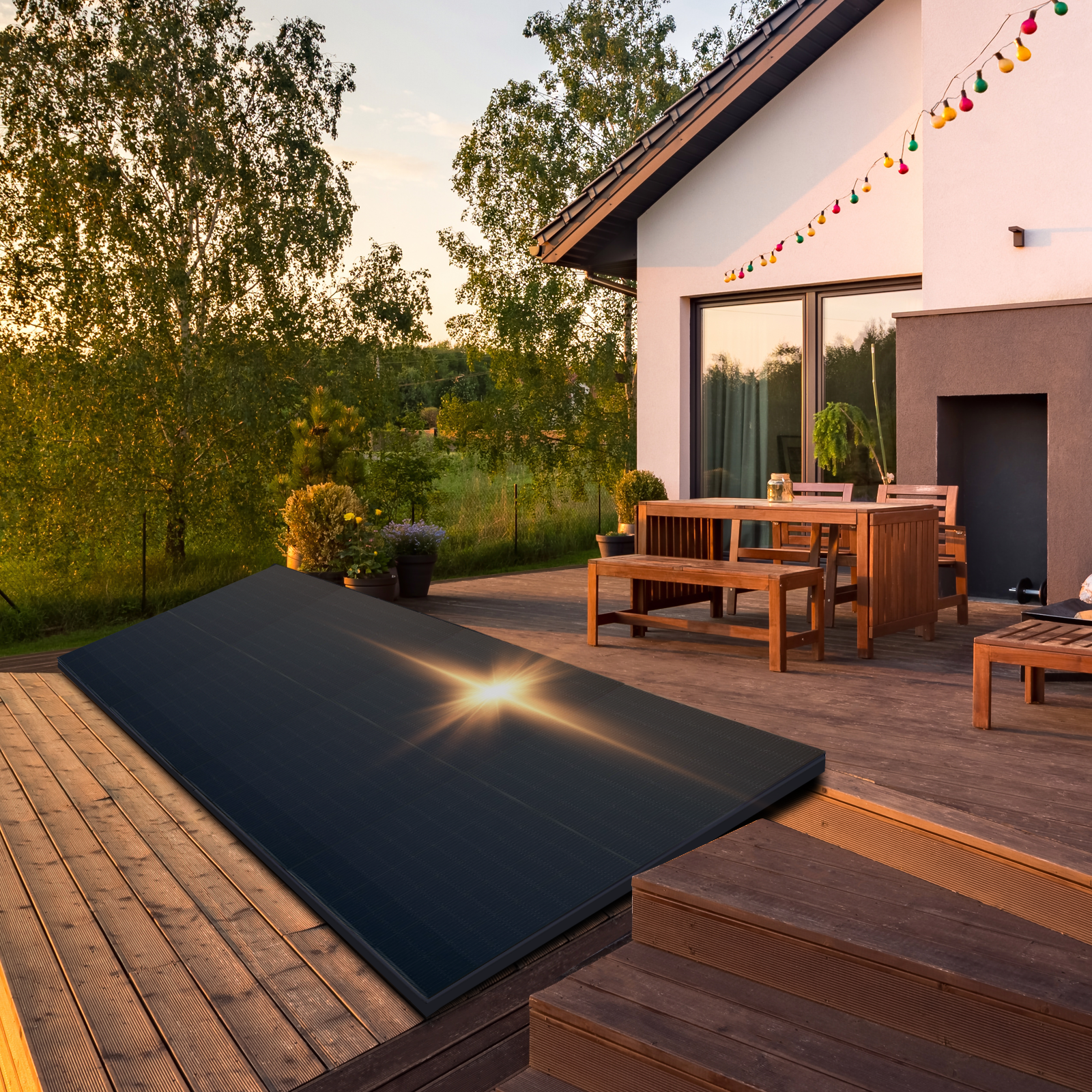 Solarpanel auf Holzterrasse, Haus und Bäume im Hintergrund. Die Sonne scheint.