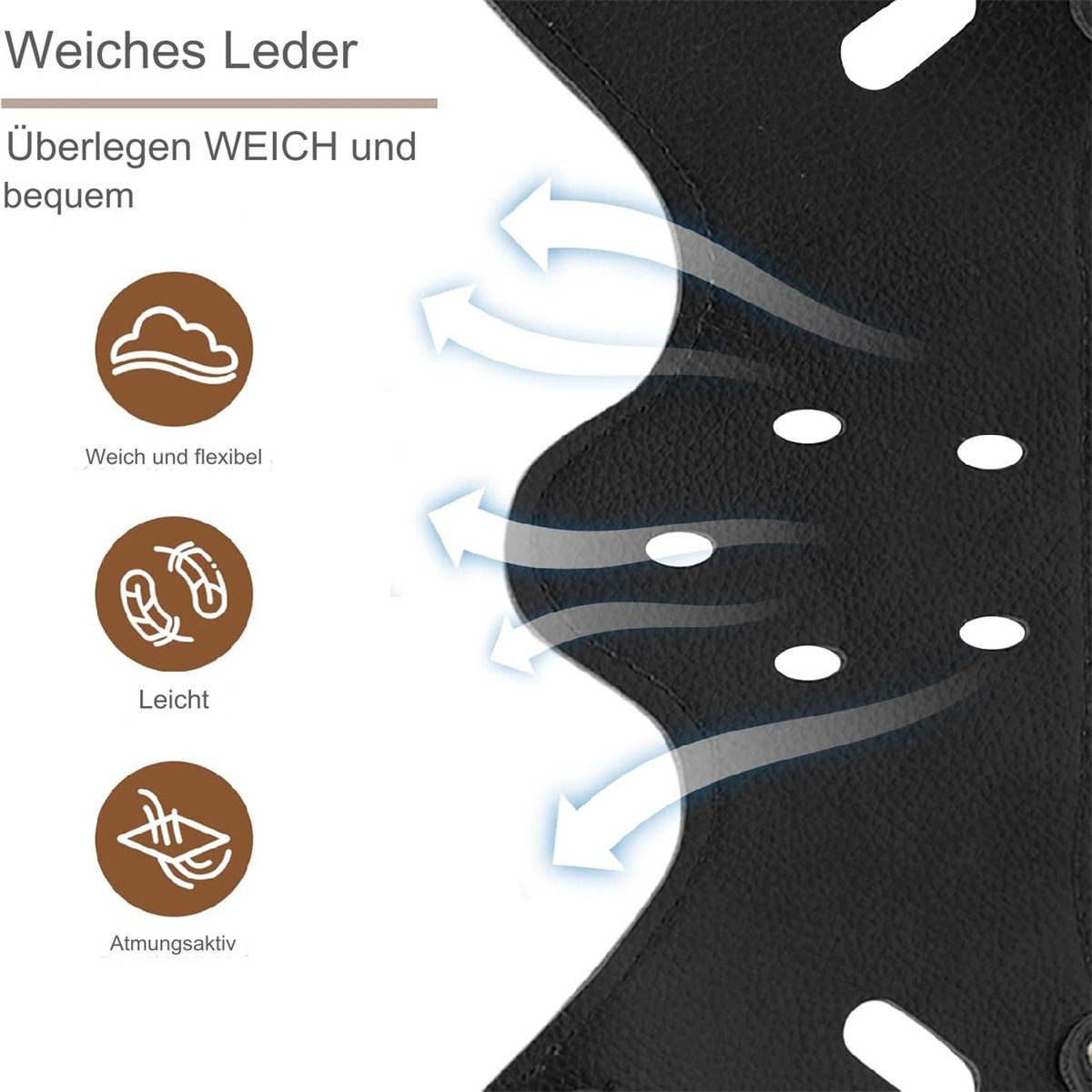 Schwarzes Ledermaterial mit Pfeilen und Symbolen für Weichheit, Leichtigkeit und Atmungsaktivität.
