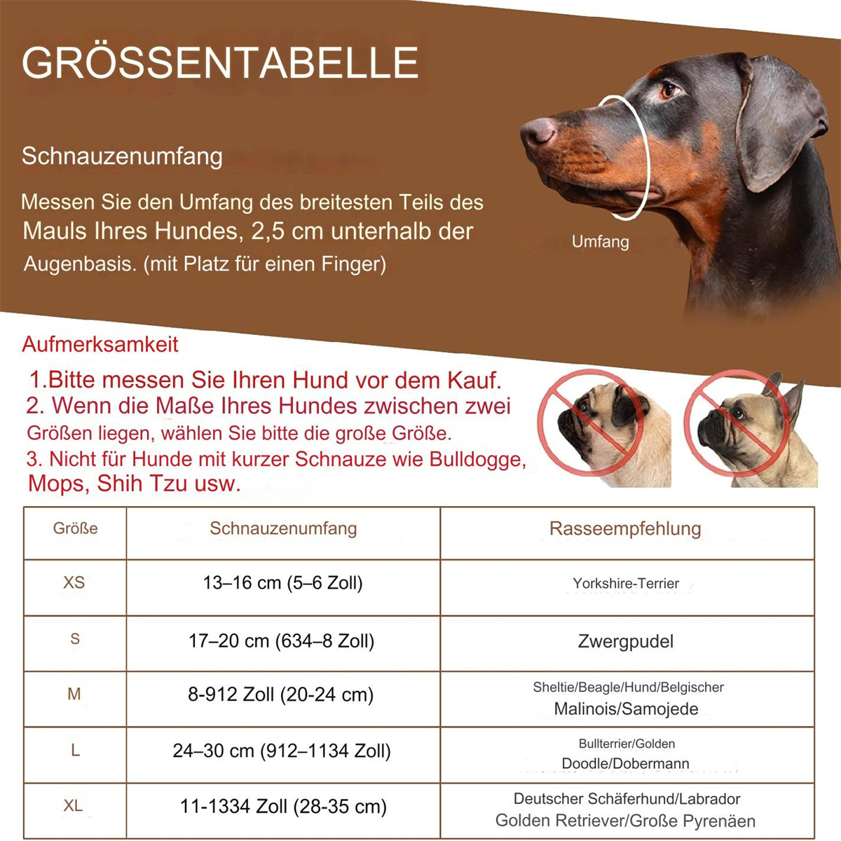 Maßtabelle für Hundeschnauzen, die Messungen für verschiedene Rassen und Größen zeigt.
