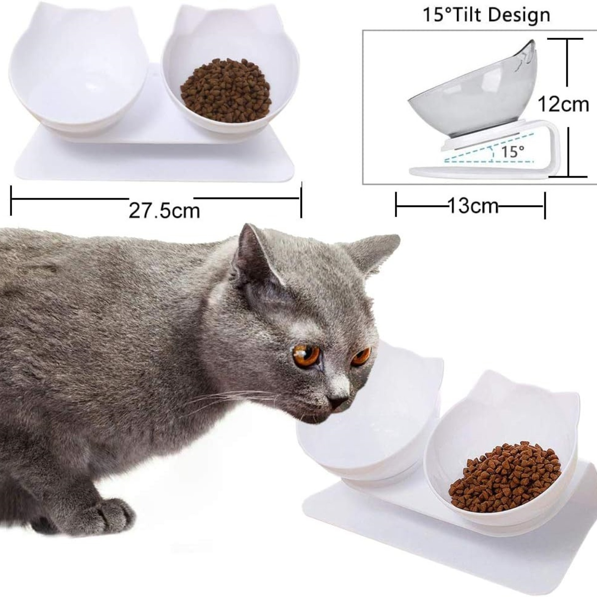 Eine graue Katze, die aus einem weißen Katzennapf mit Futter frisst. Nahaufnahme und Diagramm gezeigt.