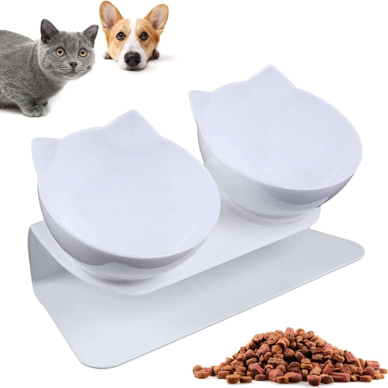 Katzen- und Hundenäpfe. Zwei weiße, katzenohrförmige Schalen auf weißem Ständer. Futter und Haustiere.