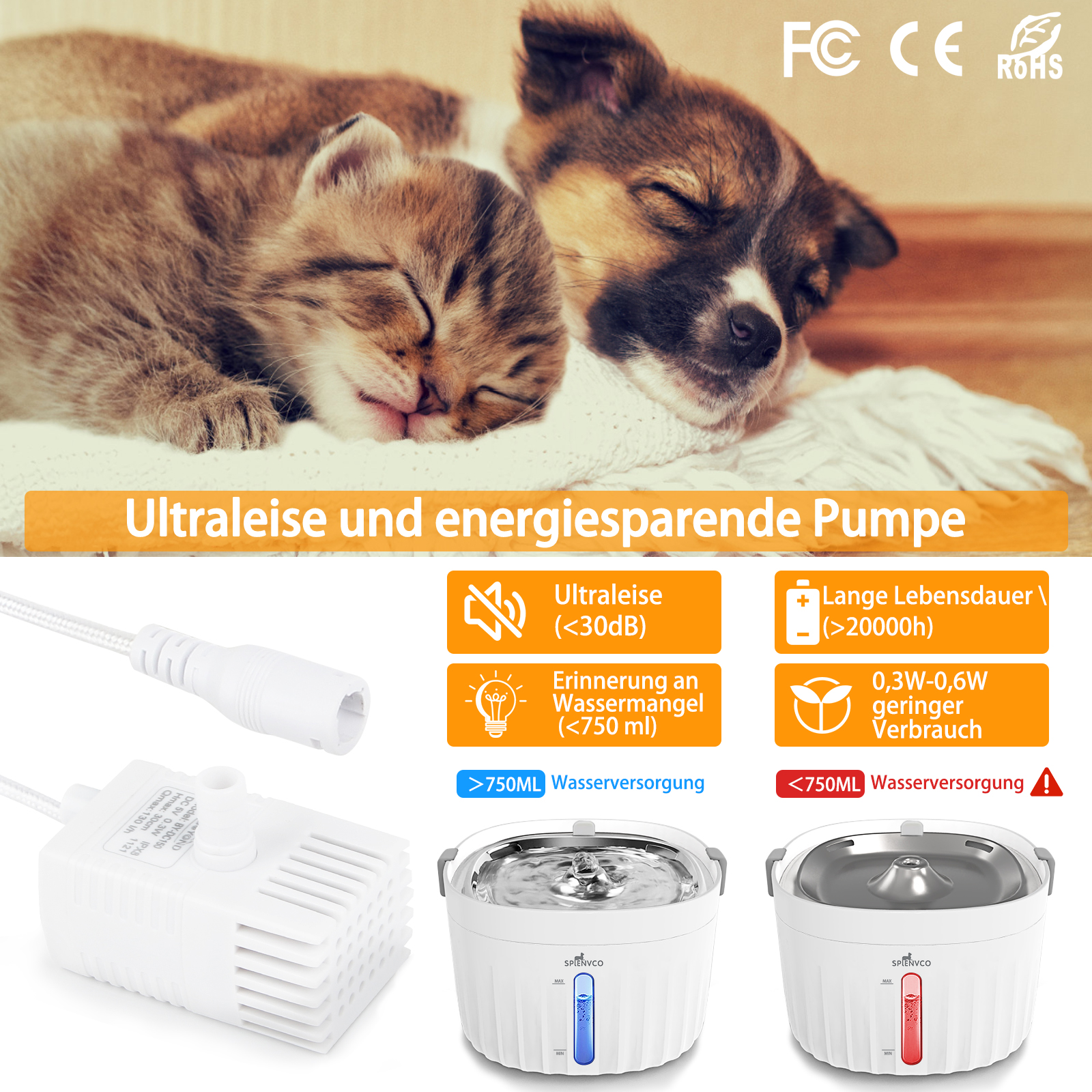 Zwei schlafende Welpen und ein Wasserspender mit Pumpenkomponenten.