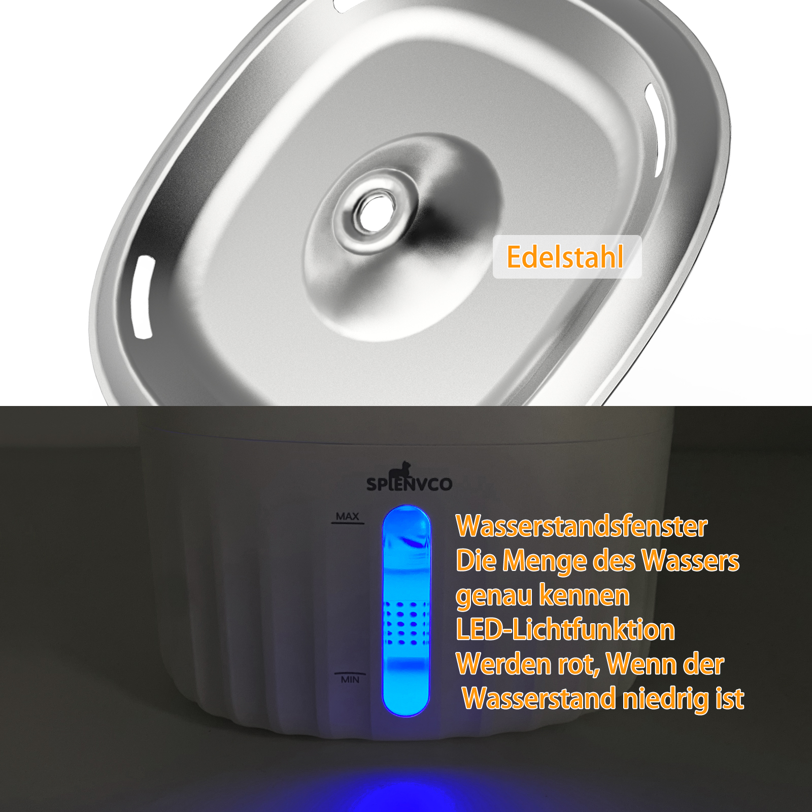 Nahaufnahme eines Haustier-Wasserbrunnens mit blauem Wasserstandsanzeiger.