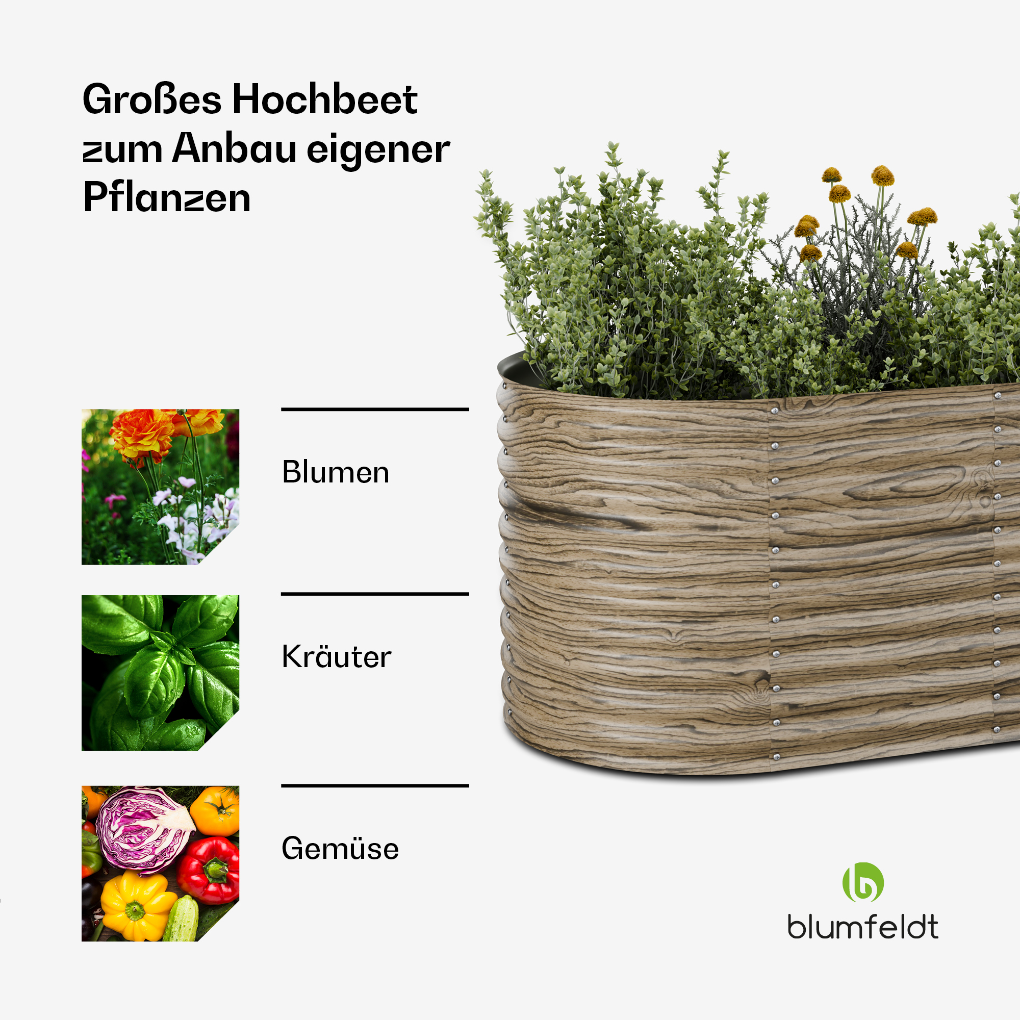 Großes Hochbeet mit Blumen, Kräutern und Gemüse. Das Beet besteht aus holzähnlichem Material.
