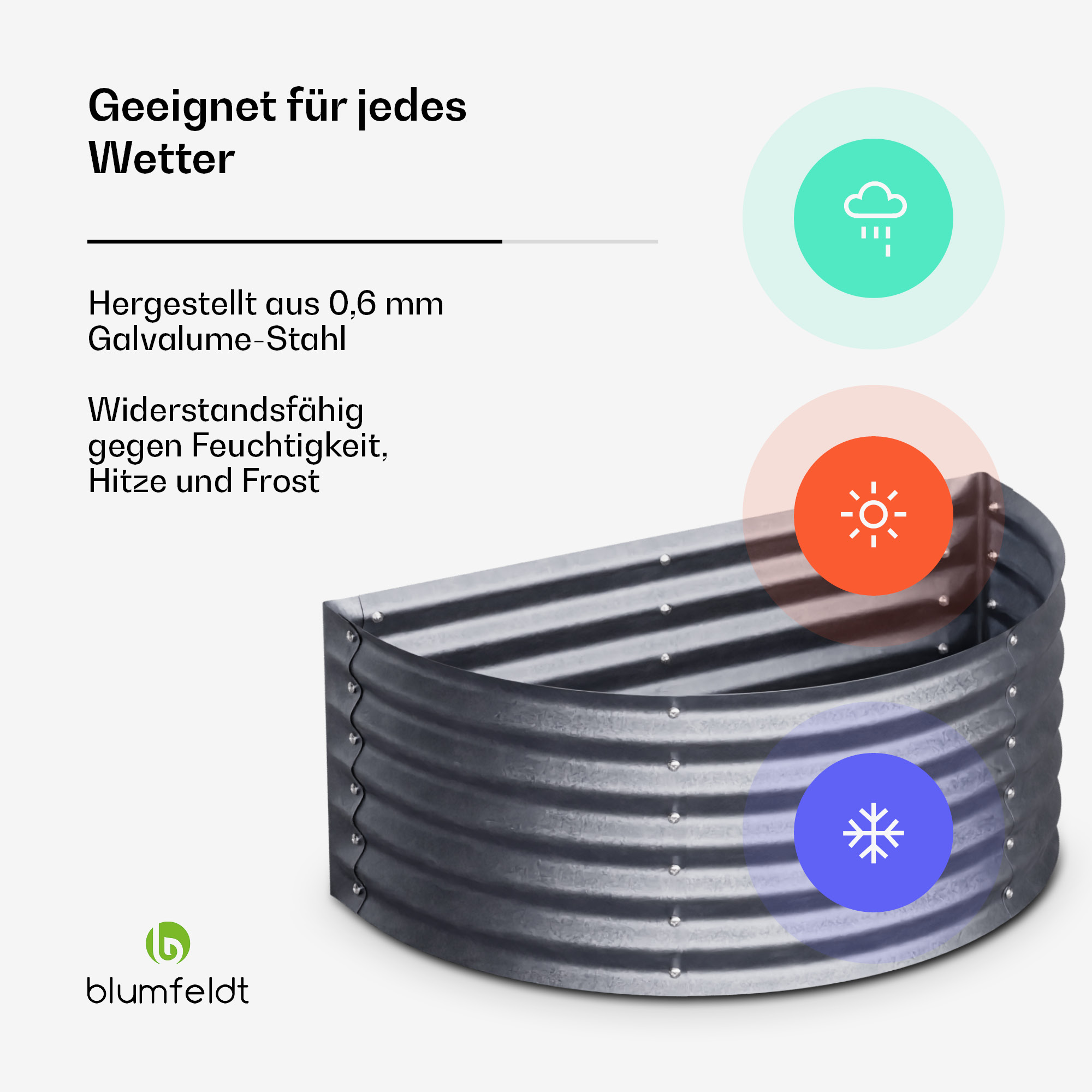 Metall-Gartenbeet in Halbkreisform. Text über Wetterbeständigkeit und Icons für Sonne, Regen und Schnee.