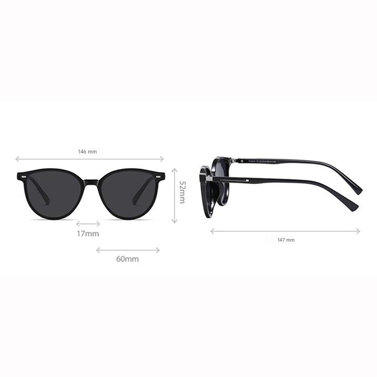 Schwarze Sonnenbrille mit Maßangaben, einschließlich Breite und Höhe, auf weißem Hintergrund.