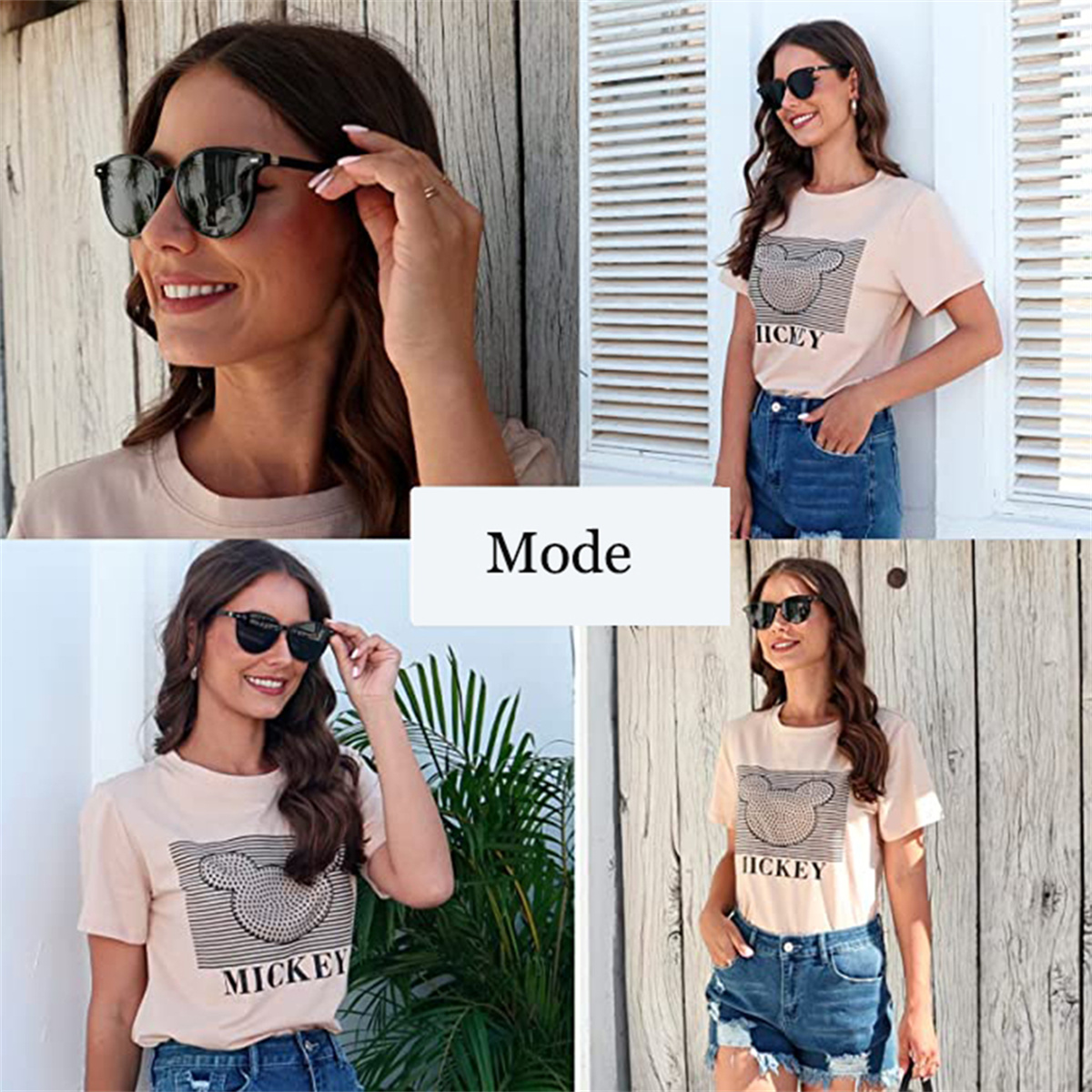 Collage von vier Fotos von Frauen mit Sonnenbrillen und Mickey Mouse T-Shirts. 'Mode' Text sichtbar.