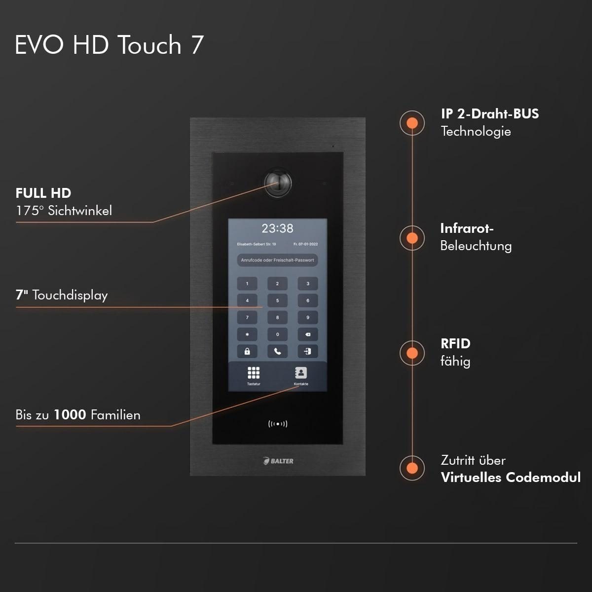 Schwarzes Intercom-System mit Bildschirm und Tasten, beschriftet EVO HD Touch 7. Es sind mehrere Details und Beschriftungen vorhanden.