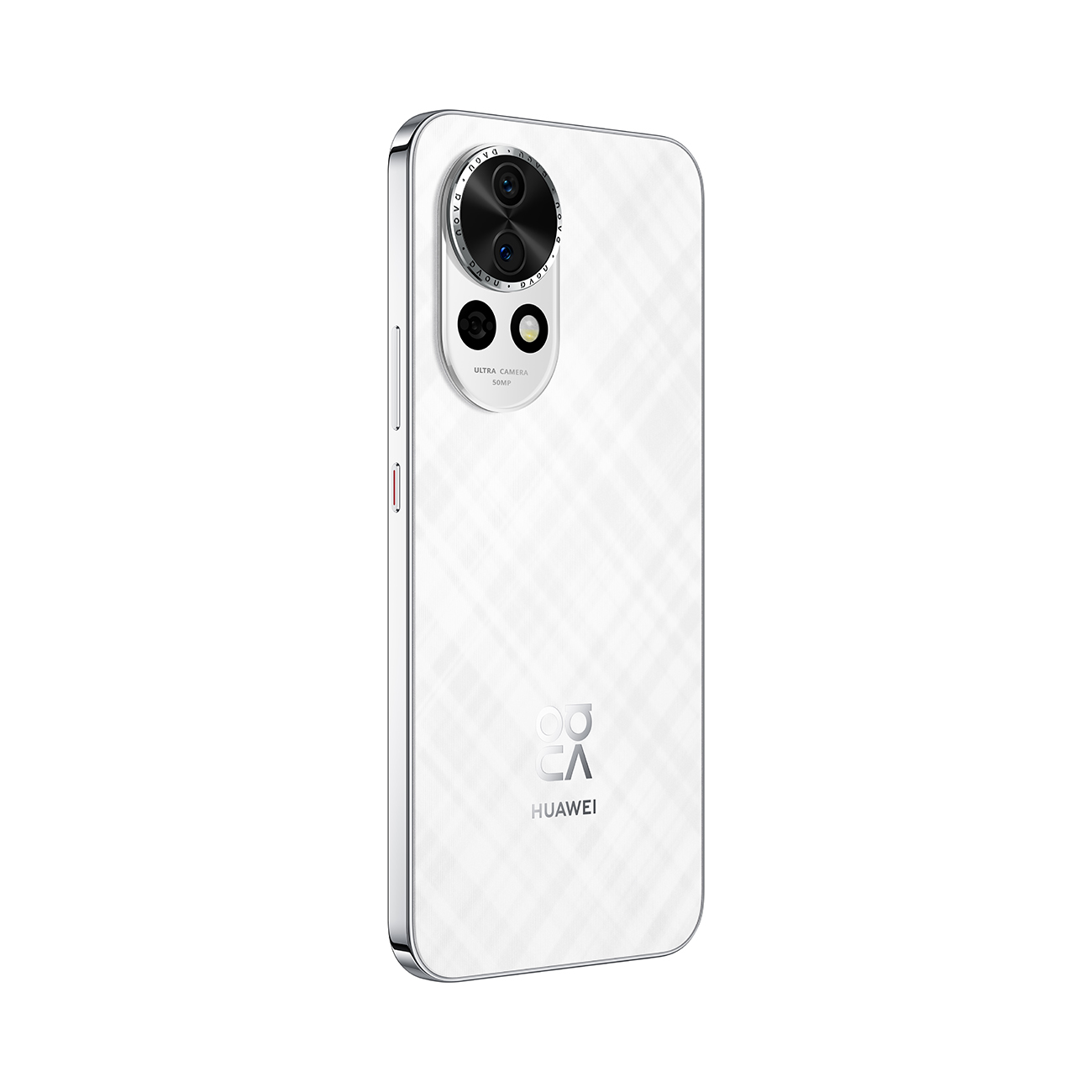 Weißes Telefon mit Kameramodul auf der Rückseite. Merkmale sind ein weißes Karomuster und Huawei-Logo.