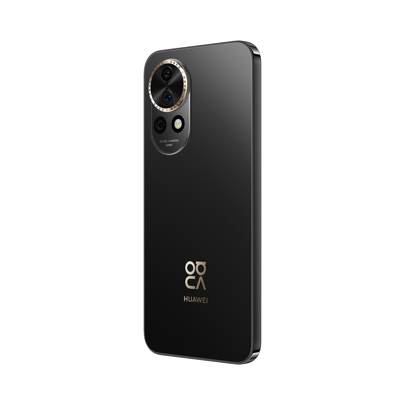 Ein schwarzes Smartphone mit Dreifach-Kamera und goldenen Akzenten. Das Telefon hat das Huawei-Logo und ist vor weißem Hintergrund.