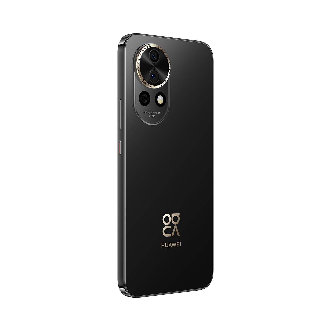 Schwarzes Smartphone mit Kamera, goldenen Akzenten und Huawei-Logo. Das Telefon ist schlank und modern, mit glänzendem Finish und Dreifach-Objektiv.