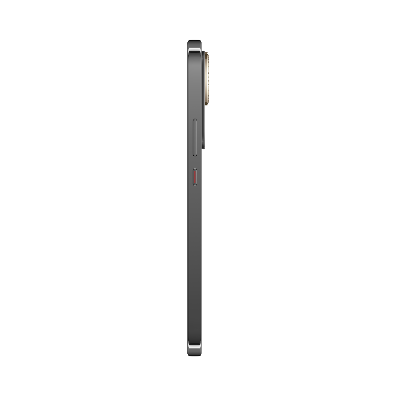 Seitenansicht eines dunkelgrauen Smartphones. Es hat eine Kameraerhebung und Knöpfe an der Seite. Der Hintergrund ist weiß.