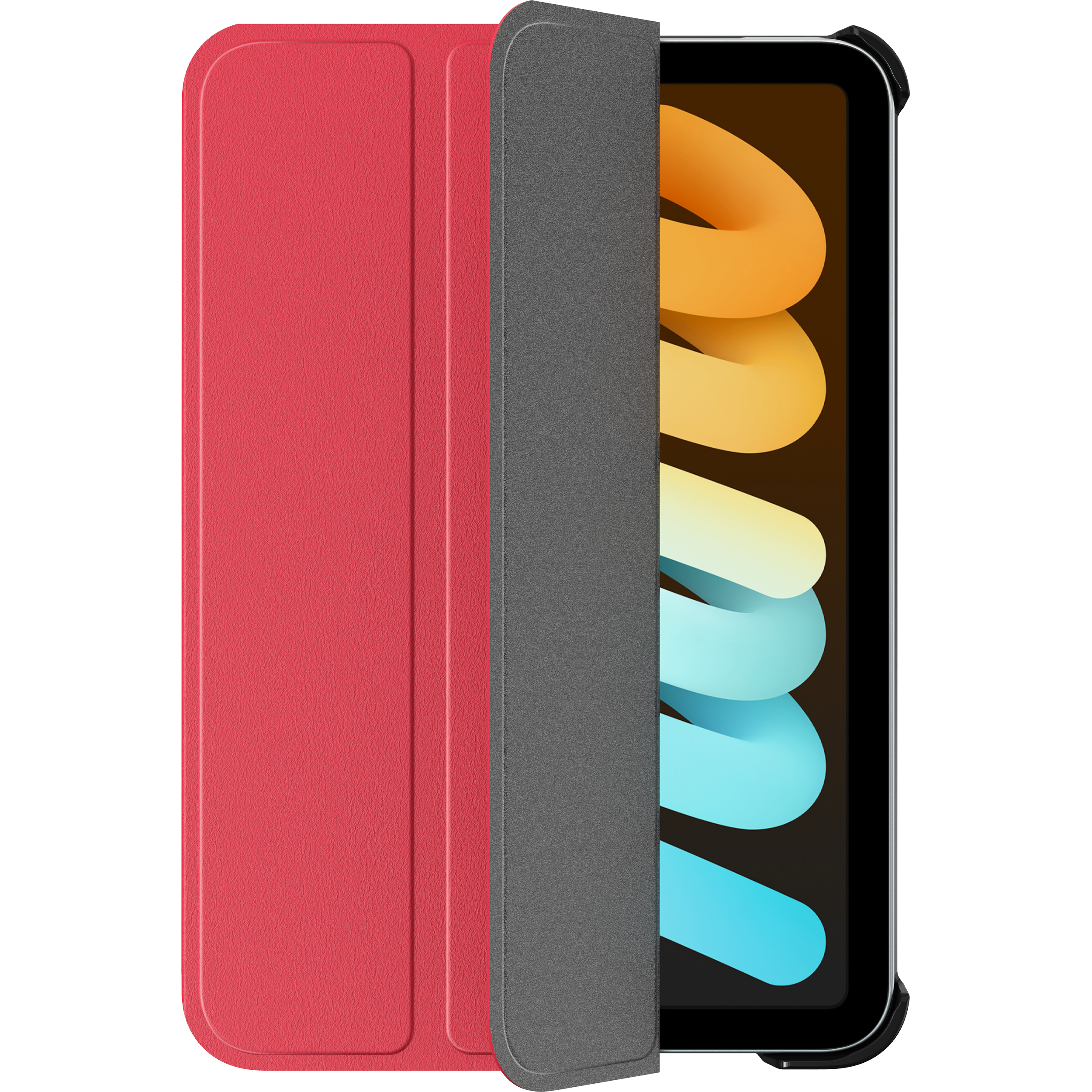 Rote iPad mini Hülle mit grauem Innenraum. Das iPad ist mit farbenfrohem Hintergrund sichtbar.