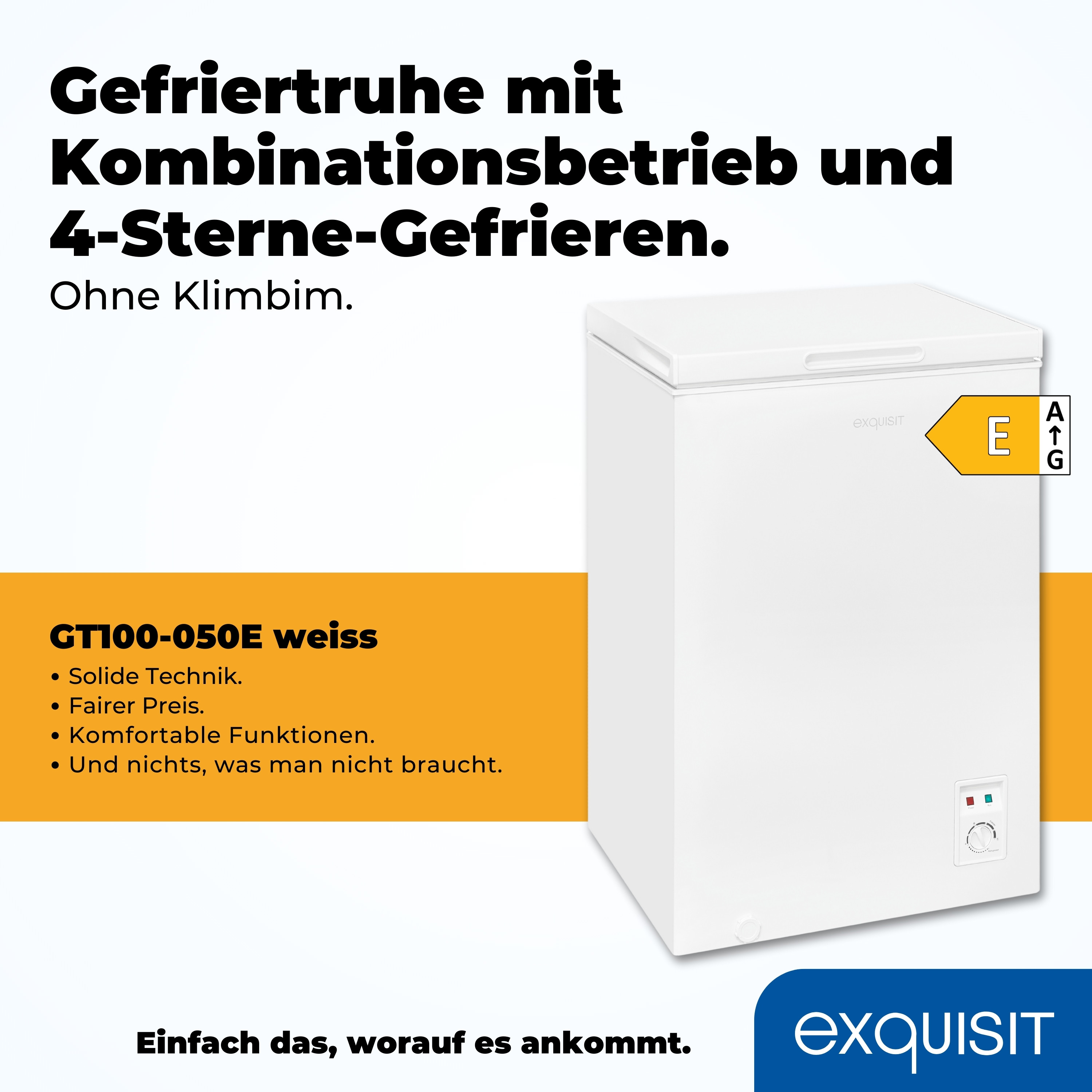 Weiße Truhe mit Text. Text sagt 'GT100-050E weiß', Merkmale und Energieeffizienz.