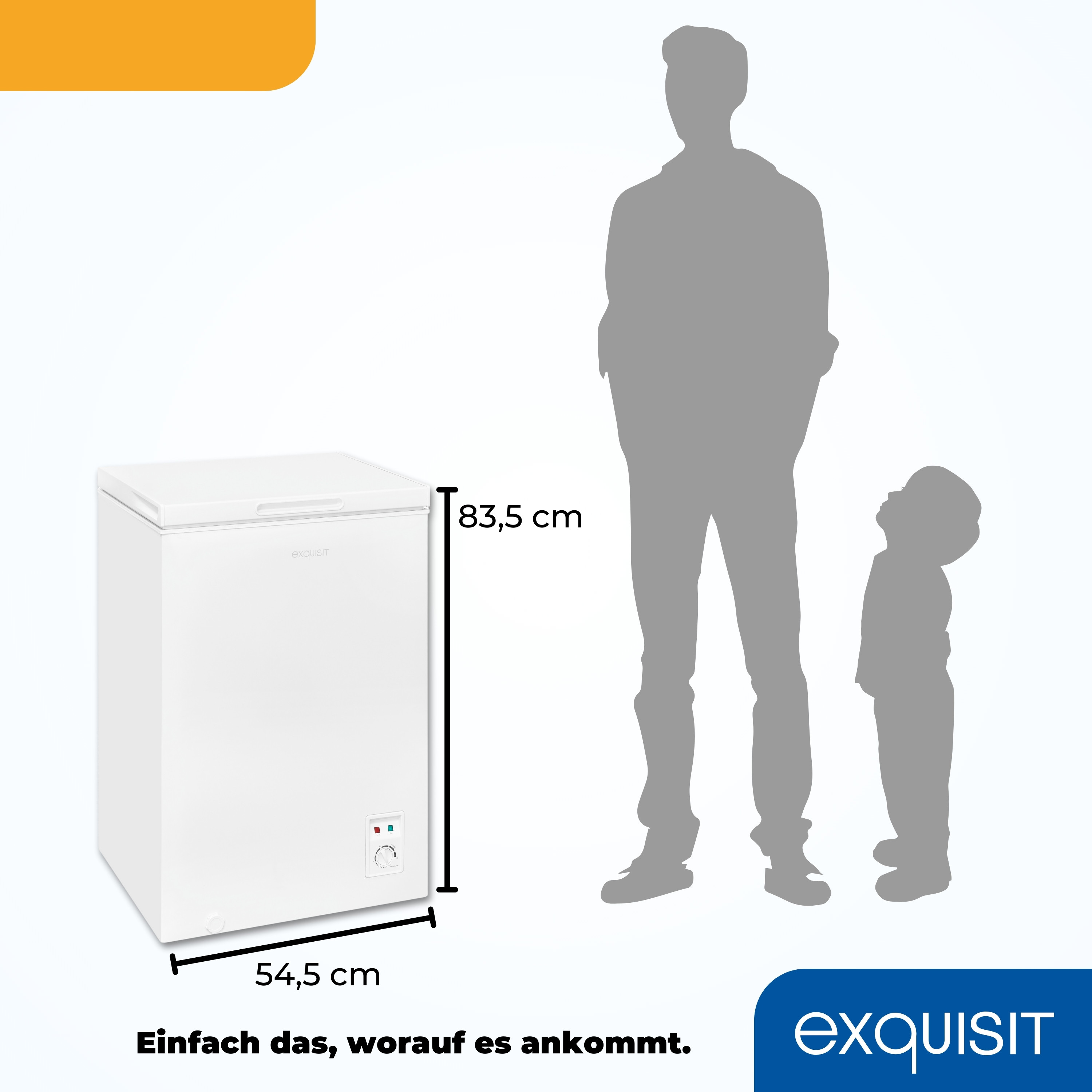 Weiße Truhen-Gefriertruhe mit Maßen, Personen- und Kind-Silhouette.