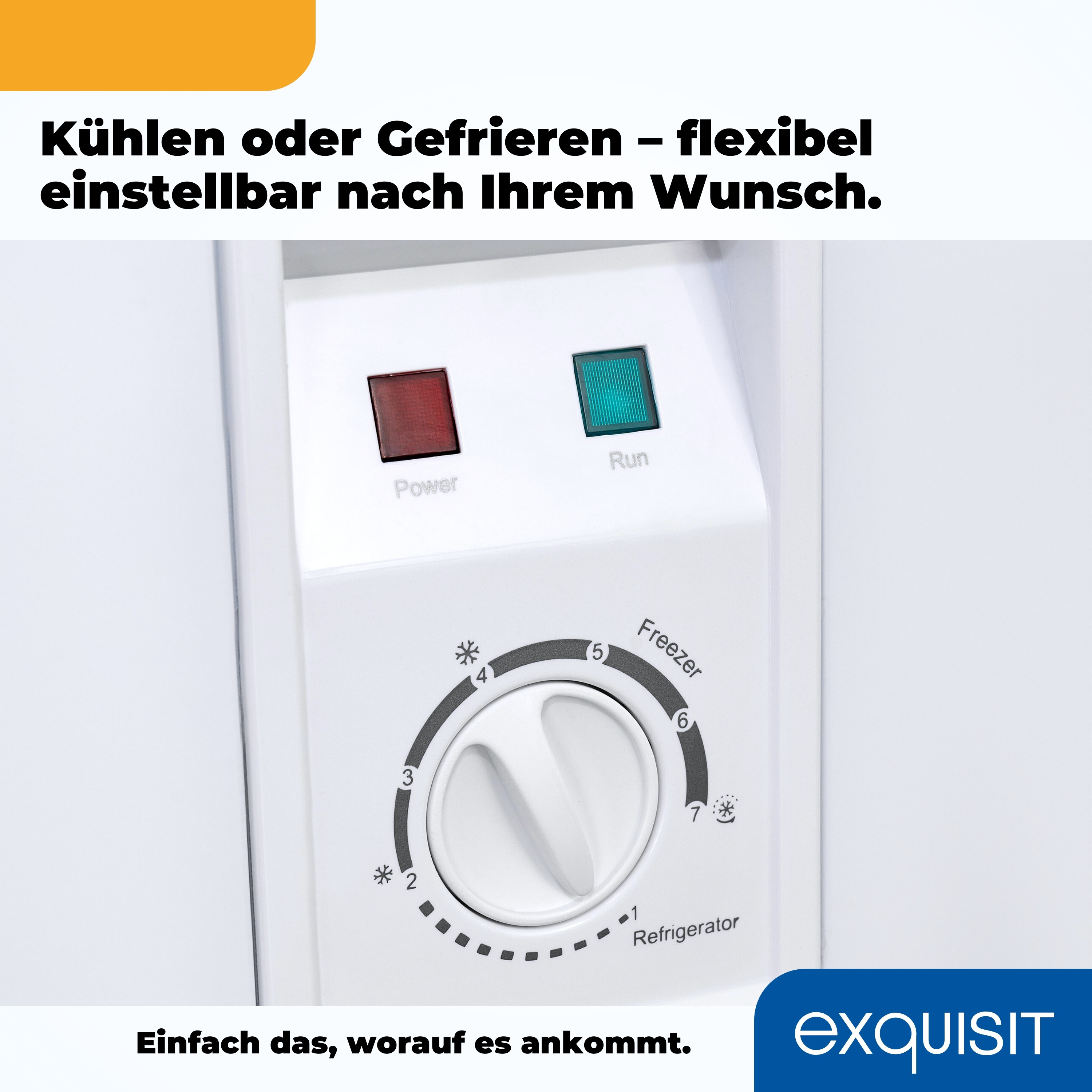 Nahaufnahme eines Gefrierpanels mit Ein- und Aus-Taste, Temperatureinstellungen.