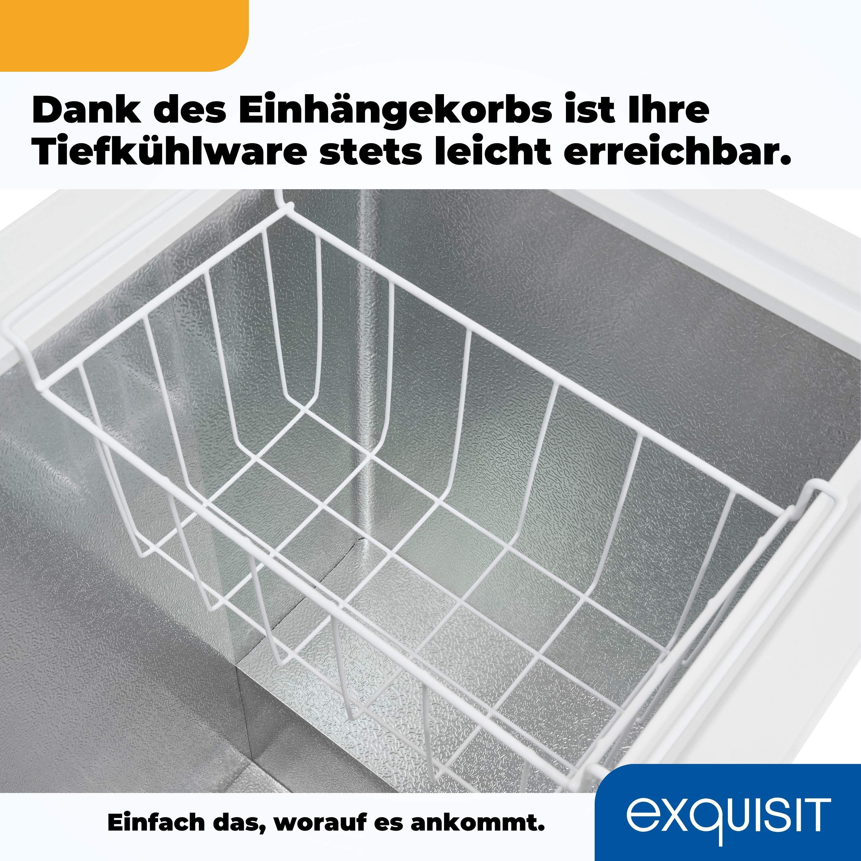 Ein weißer Drahtkorb in einem Gefrierschrank. Das Innere des Gefrierschranks ist hellgrau.