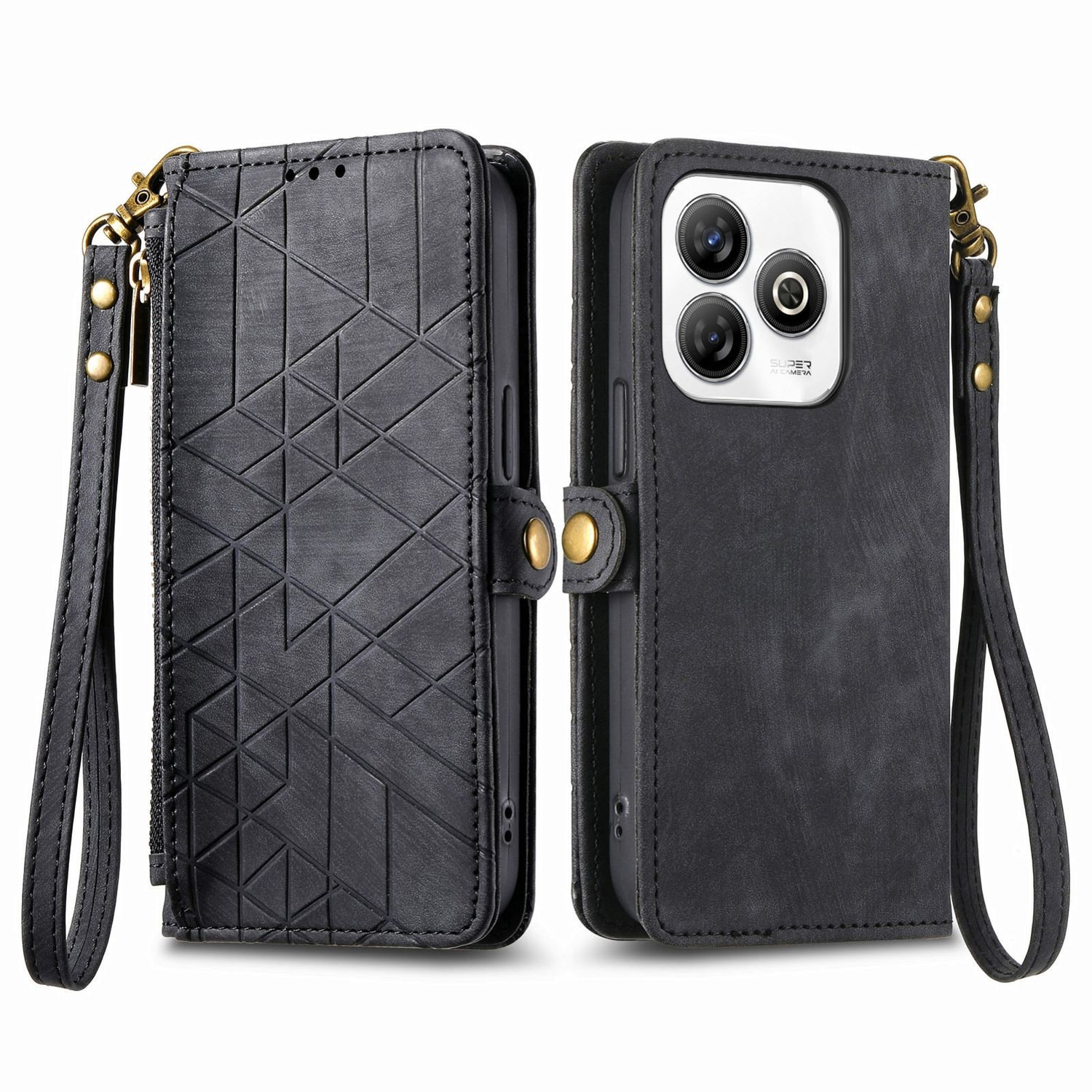 Schwarze Leder-Handyhülle mit geometrischem Design. Sie ist geöffnet, um ein Telefon zu zeigen. Eine Handschlaufe ist befestigt.