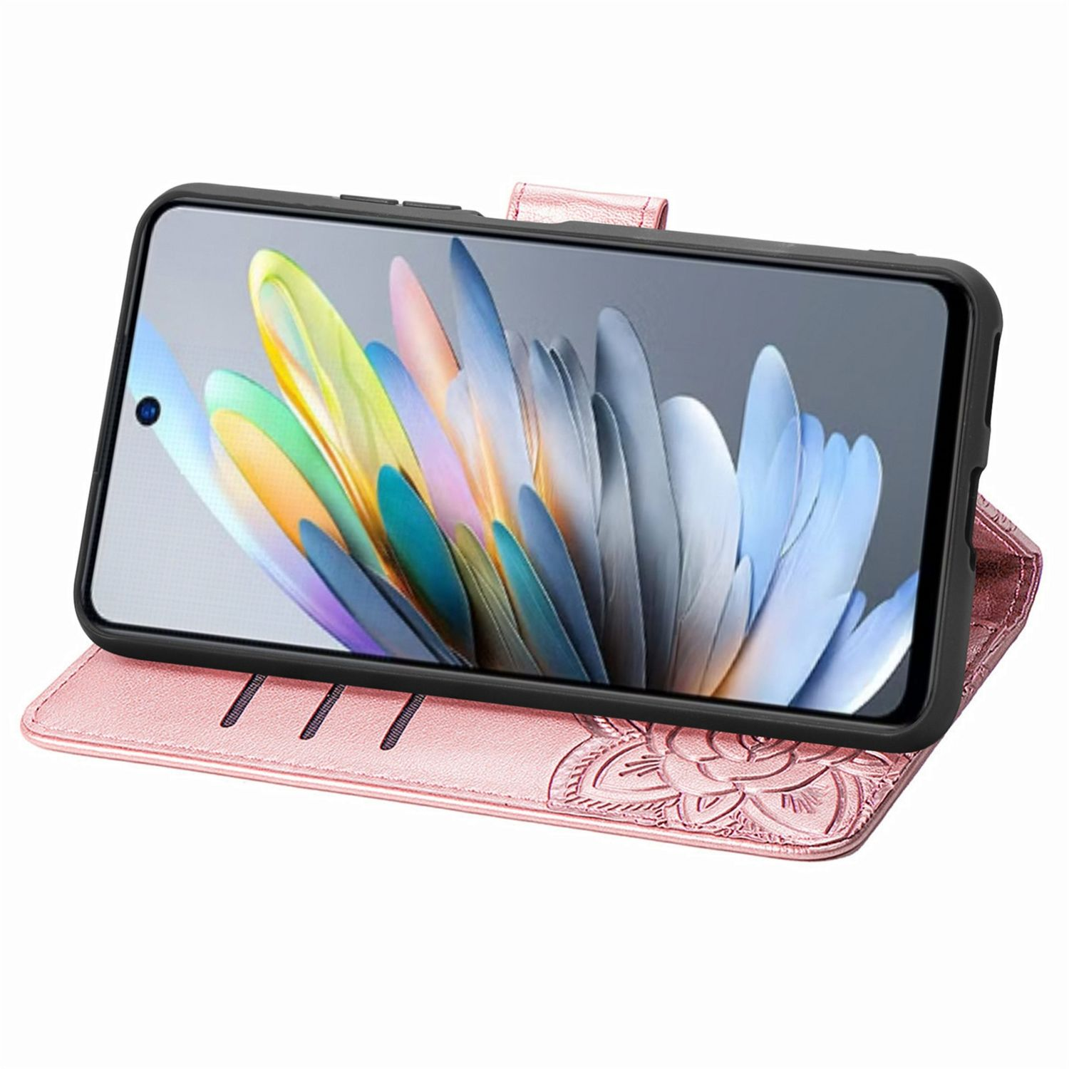 Geöffnete rosa Handyhülle, die ein Telefon mit floralem Bild hält. Die Hülle liegt auf weißem Untergrund.