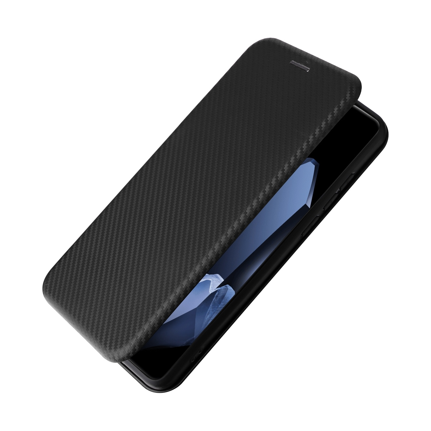 Schwarze Handyhülle, geöffnet, um das Handy zu zeigen. Die Hülle hat eine Carbonfaser-Textur.