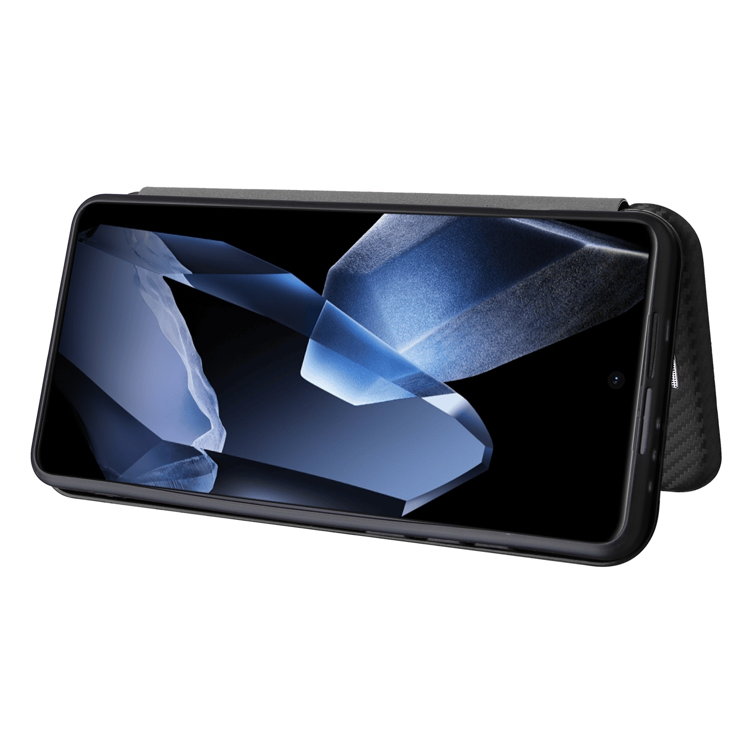 Telefon in schwarzem Gehäuse, geöffnet, um den Bildschirm mit blauem abstraktem Bild anzuzeigen.