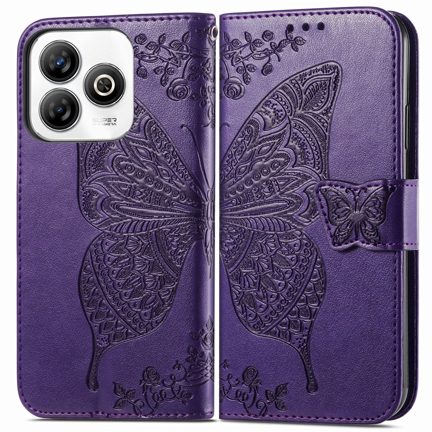 Lila Handyhülle mit geprägtem Schmetterlingsdesign, offen, mit Telefon.