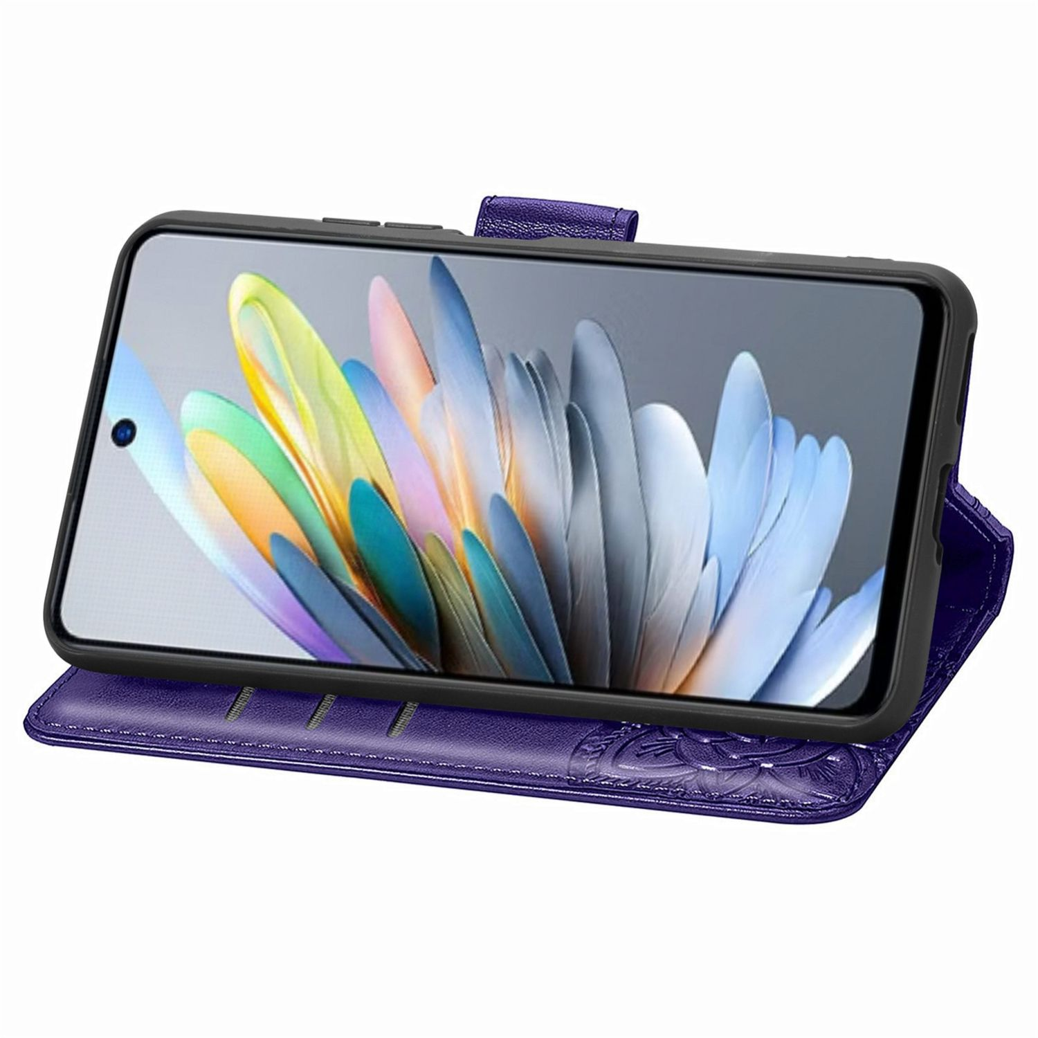 Eine lila Handyhülle mit Blumendesign, ein Telefon mit farbigem Bild.