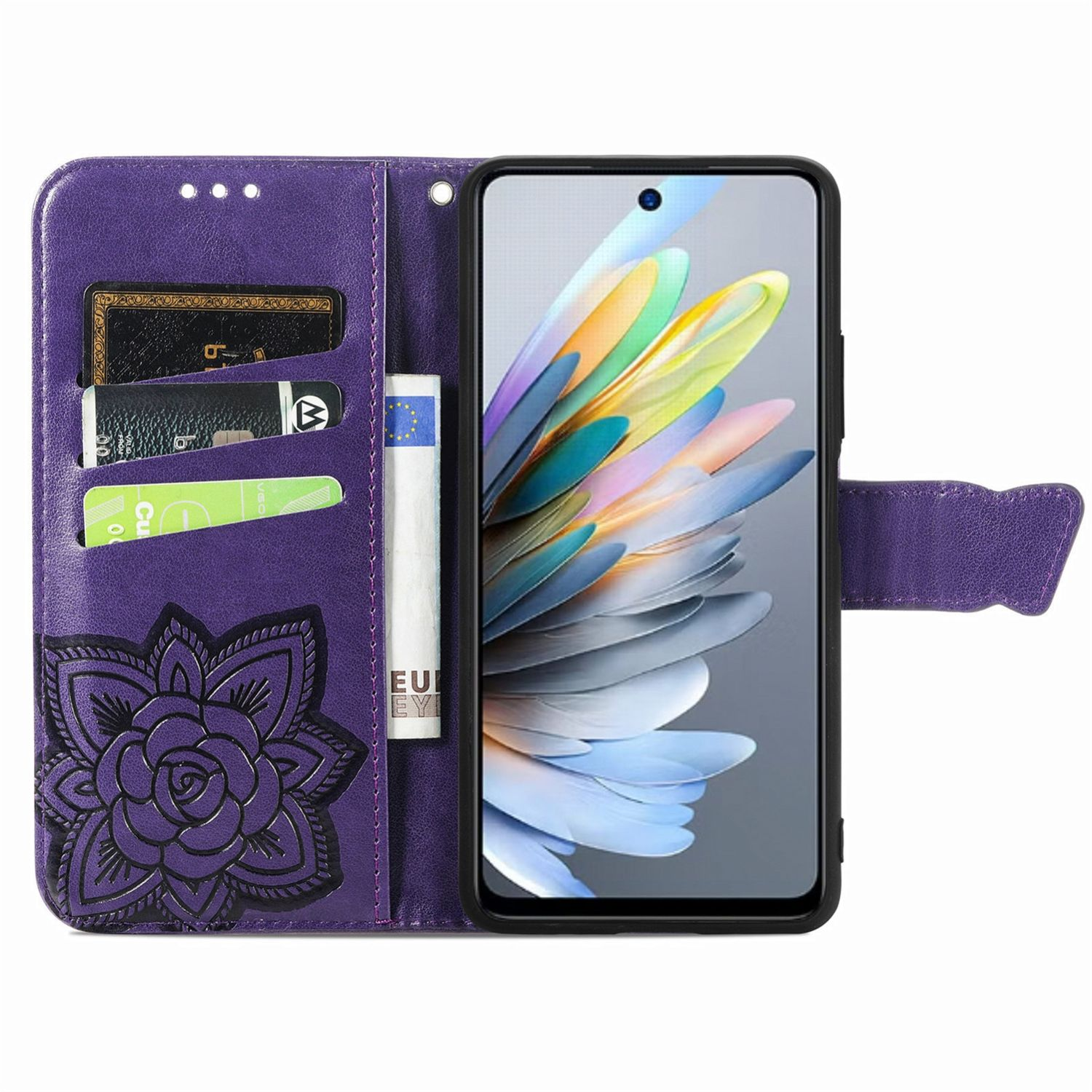 Lila Handyhülle mit Blumendesign, hält ein Handy, Karten und Geld.