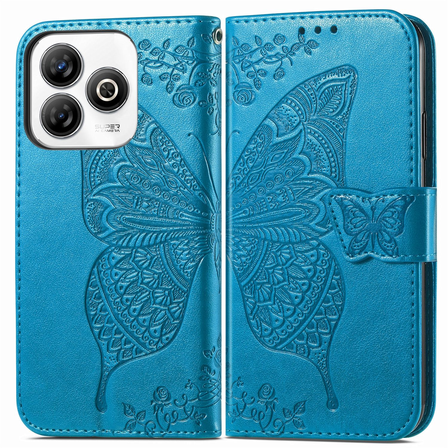 Eine blaue Handyhülle mit Schmetterlingsmotiv ist geöffnet und zeigt die Kamera und das Design auf der anderen Seite.