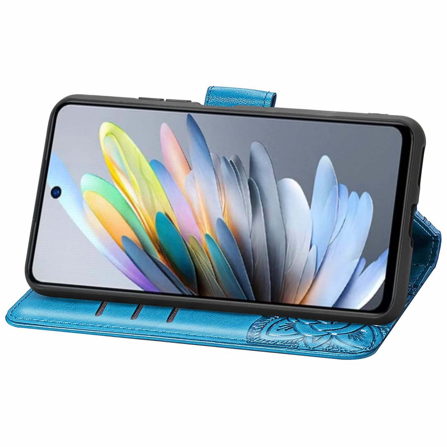 Ein Telefon in einer blauen Lederhülle mit floralem Design. Der Bildschirm ist sichtbar.