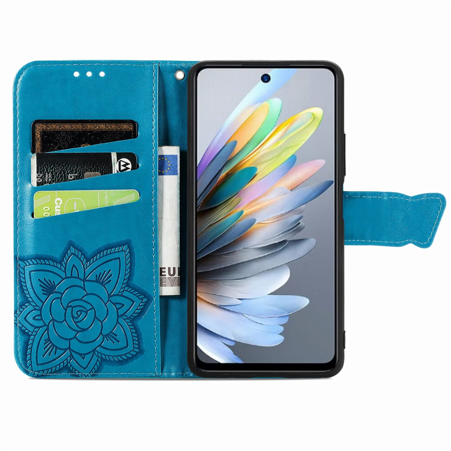 Blaue Leder-Handyhülle mit Blumendesign. Innen Kartenfächer, Geld und ein Smartphone.
