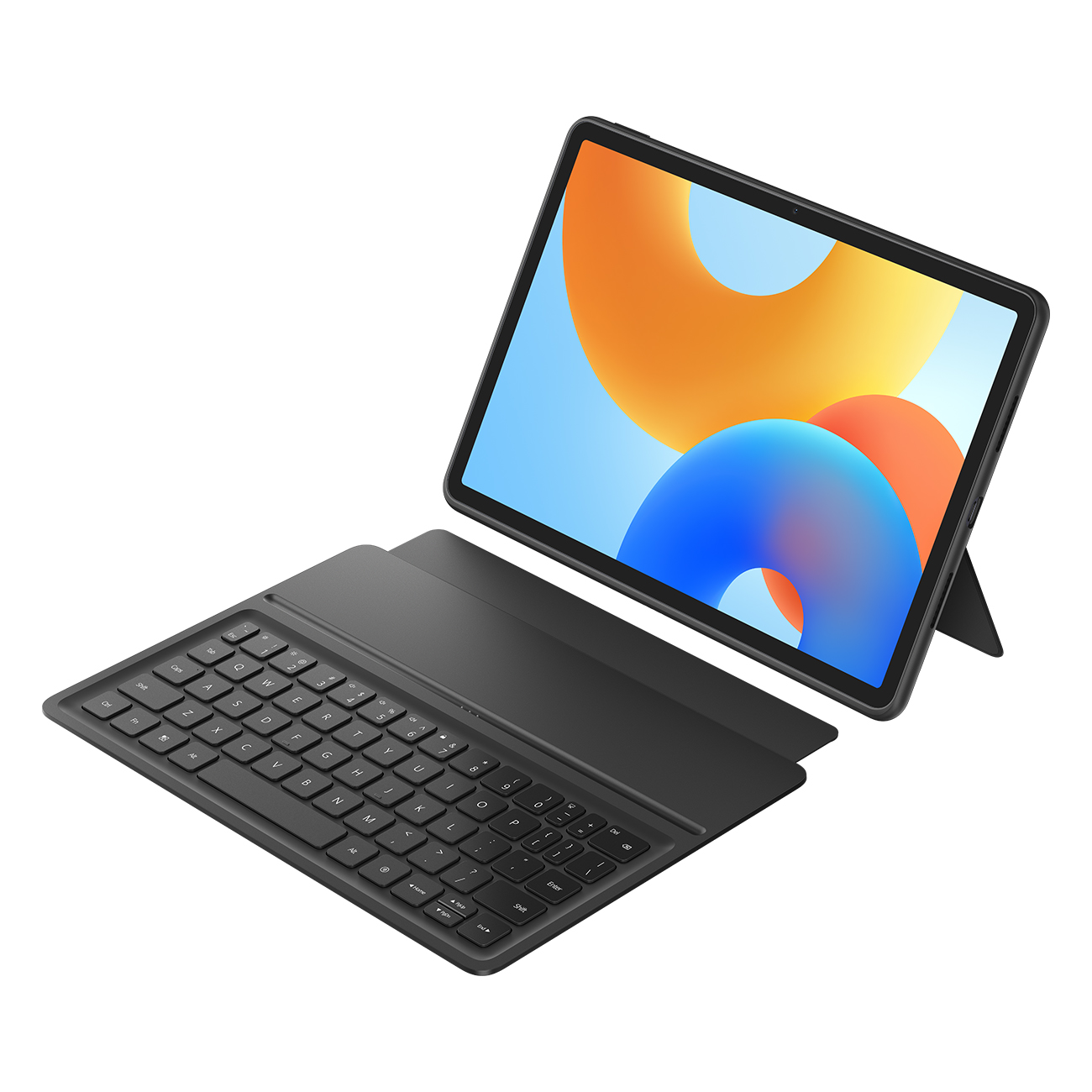 Ein schwarzes Tablet mit Tastaturhülle und Bildschirm mit farbenfroher Oberfläche.