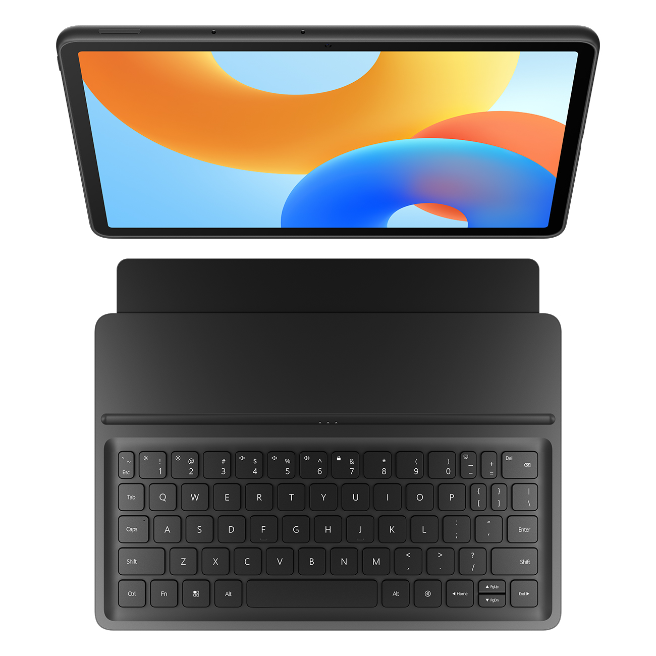 Tablet mit schwarzem Tastatur-Cover, Draufsicht zeigt Tablet und Tastatur.