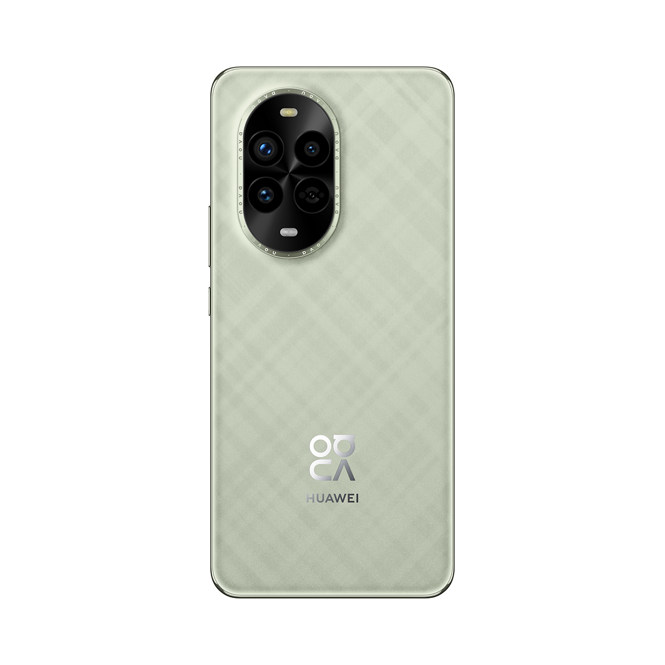 Rückseite eines hellgrünen Smartphones mit vier Kameralinsen in einem schwarzen Oval und dem Markennamen HUAWEI.