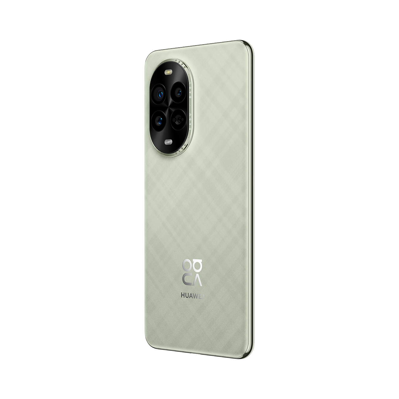 Hellgrüne Smartphone-Rückseite mit vier Kameralinsen in einem Oval. Es zeigt die Rückseite des Telefons schräg.