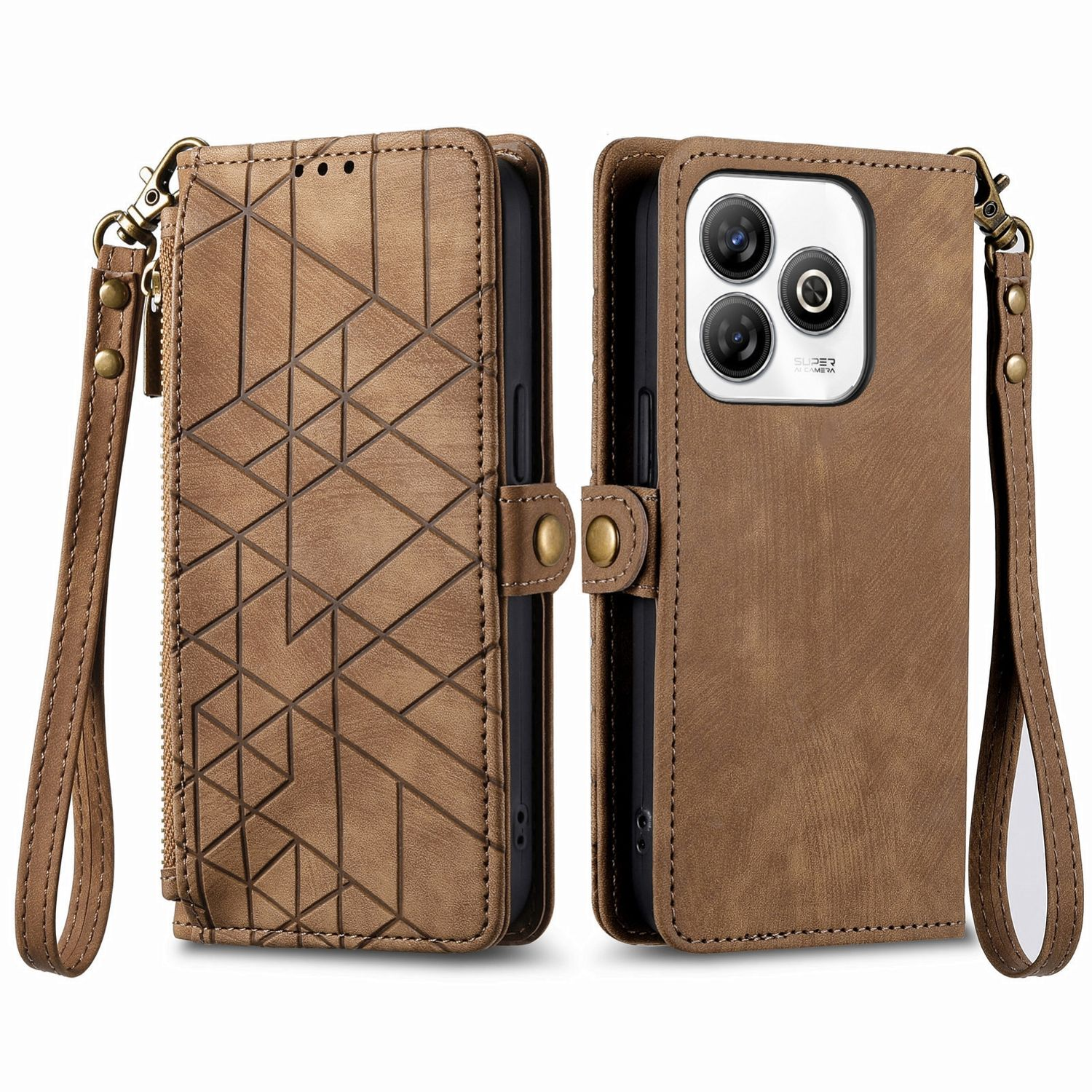 Braune Leder-Geldbörse für Telefone mit geometrischem Muster und Riemen. Geöffnete Geldbörse mit Telefon.