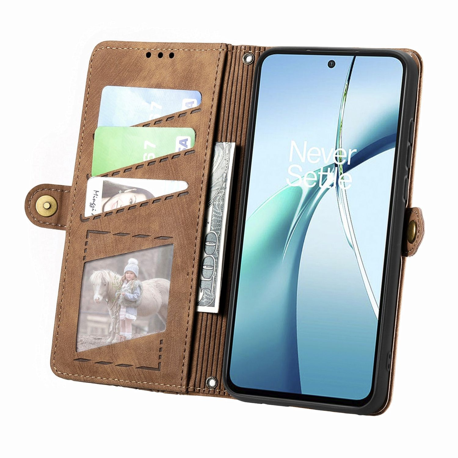 Braunes Leder-Handycase mit Karten, Geld und Foto. Rechts ist ein Handy eingesetzt.