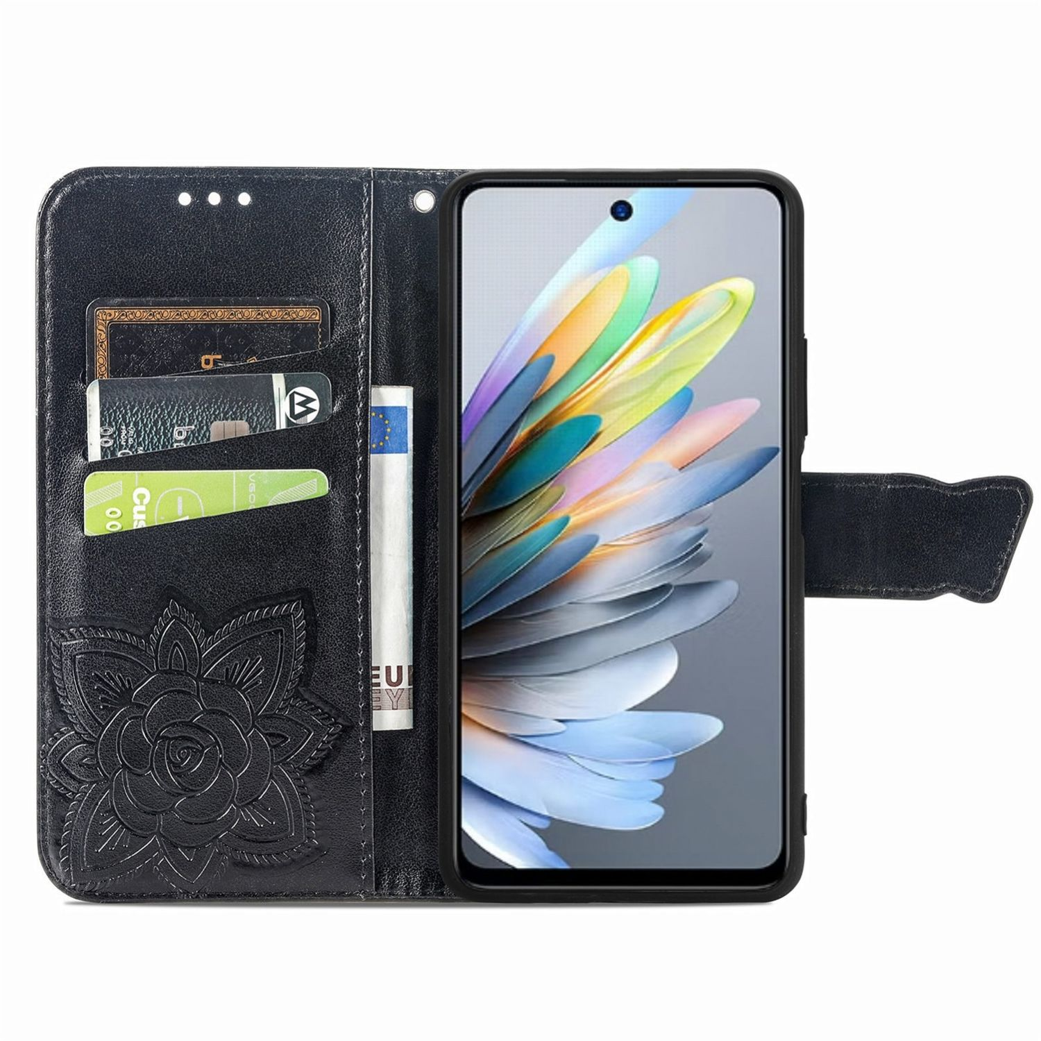 Schwarze Leder-Handyhülle offen, zeigt Telefon, Kartenfächer und Blumendesign. Schwarzer Hintergrund.