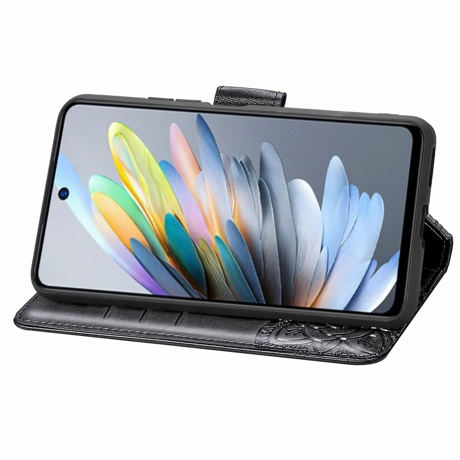 Schwarzes Smartphone in geöffneter Hülle. Der Bildschirm zeigt ein farbenfrohes Blumenbild.