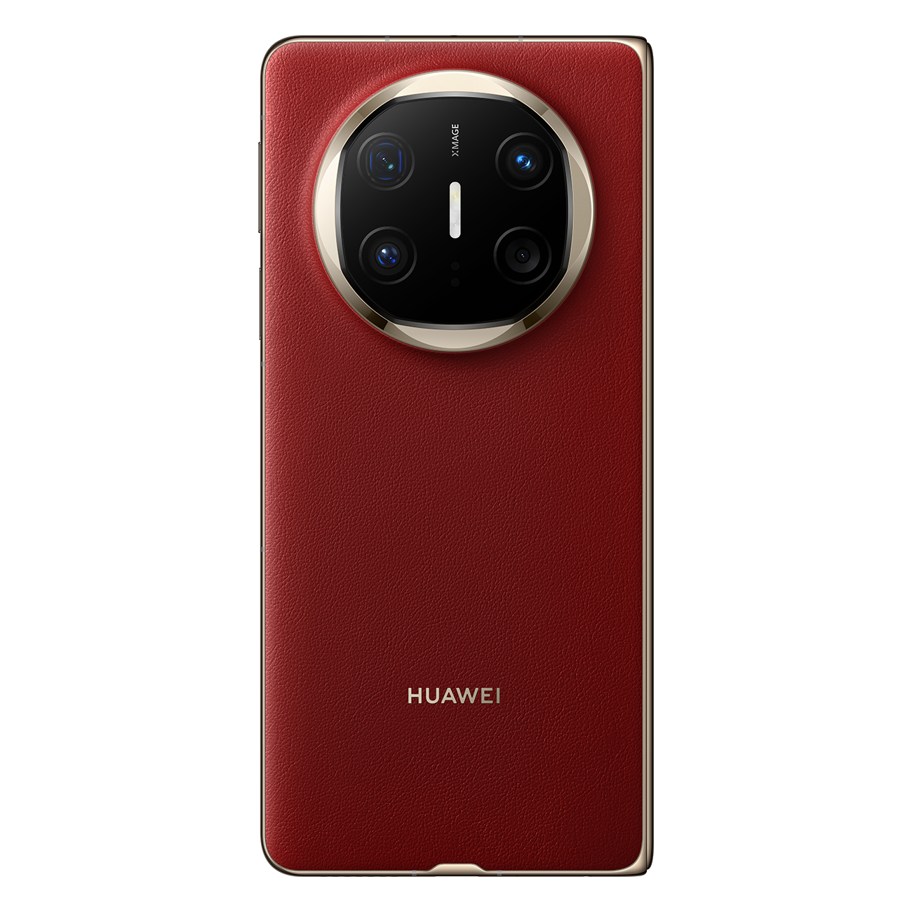 Ein rotes Smartphone mit goldenem Kameraring und vier Linsen. Der Markenname HUAWEI steht unten.