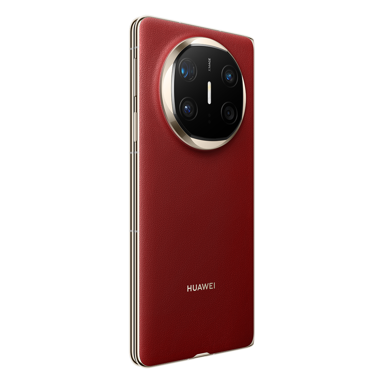 Rotes Huawei-Telefon mit kreisförmigem Kameradesign und goldenen Akzenten.