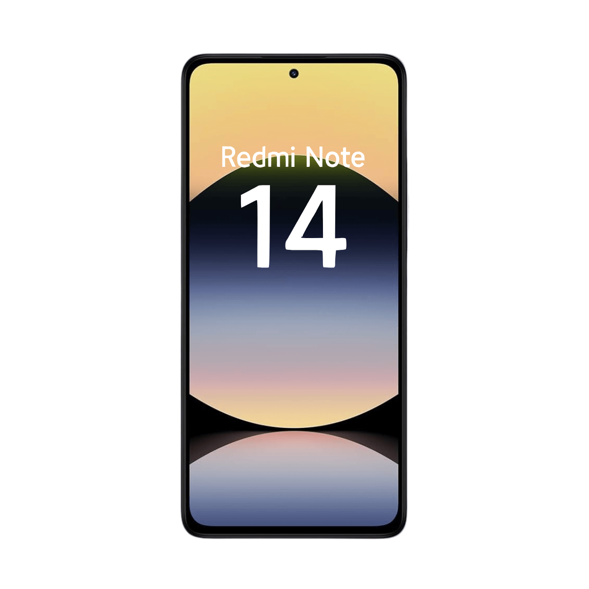 Ekran smartfona wyświetla tekst 'Redmi Note 14' z kolorowym tłem.