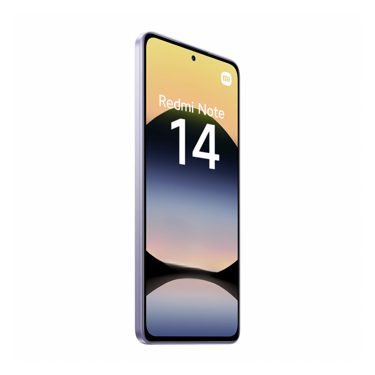 Fioletowy telefon Redmi Note 14. Ekran wyświetla nazwę telefonu i obraz krajobrazu ze wschodem słońca.