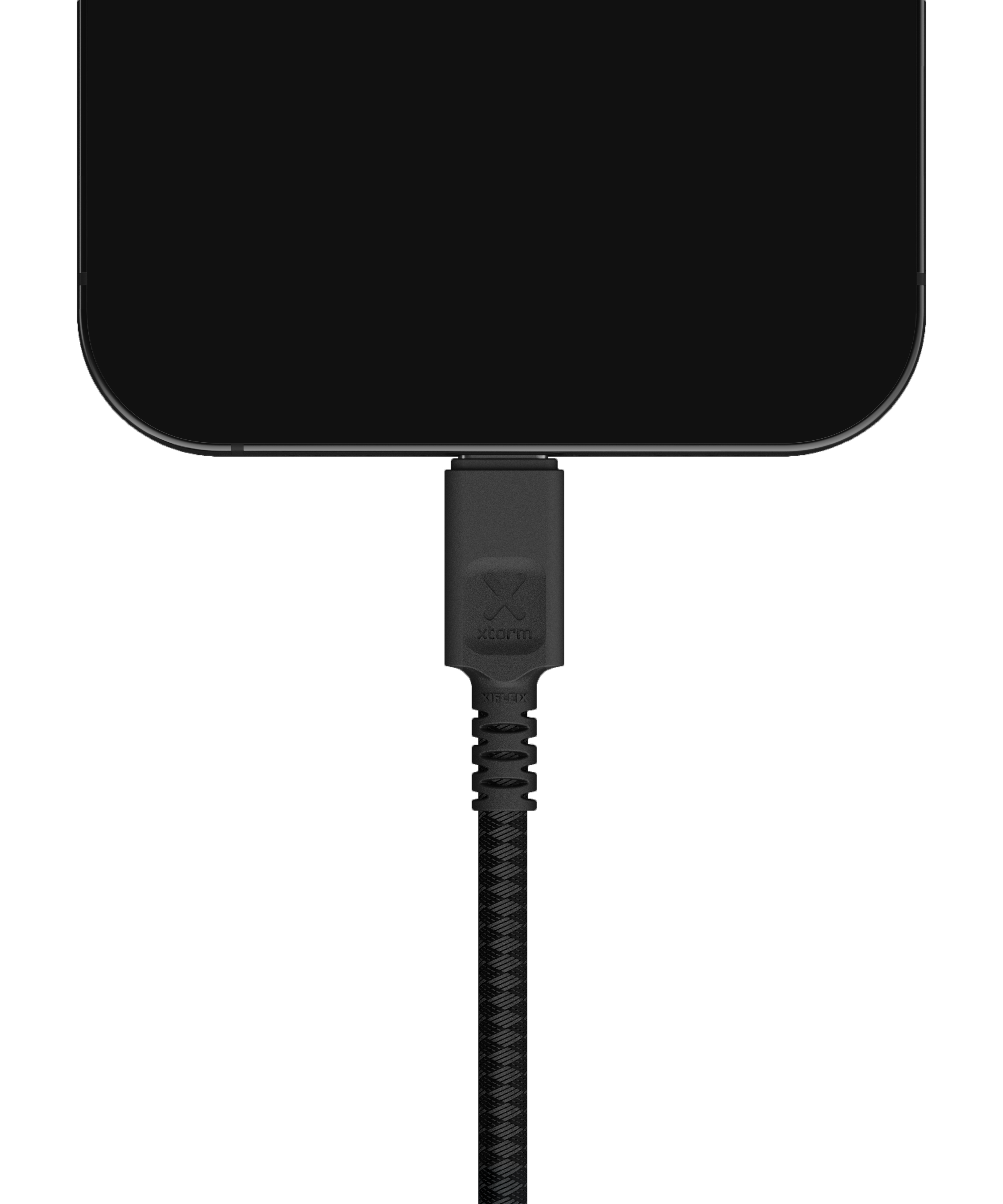 Ein schwarzes Telefon ist mit einem schwarzen Ladekabel verbunden.