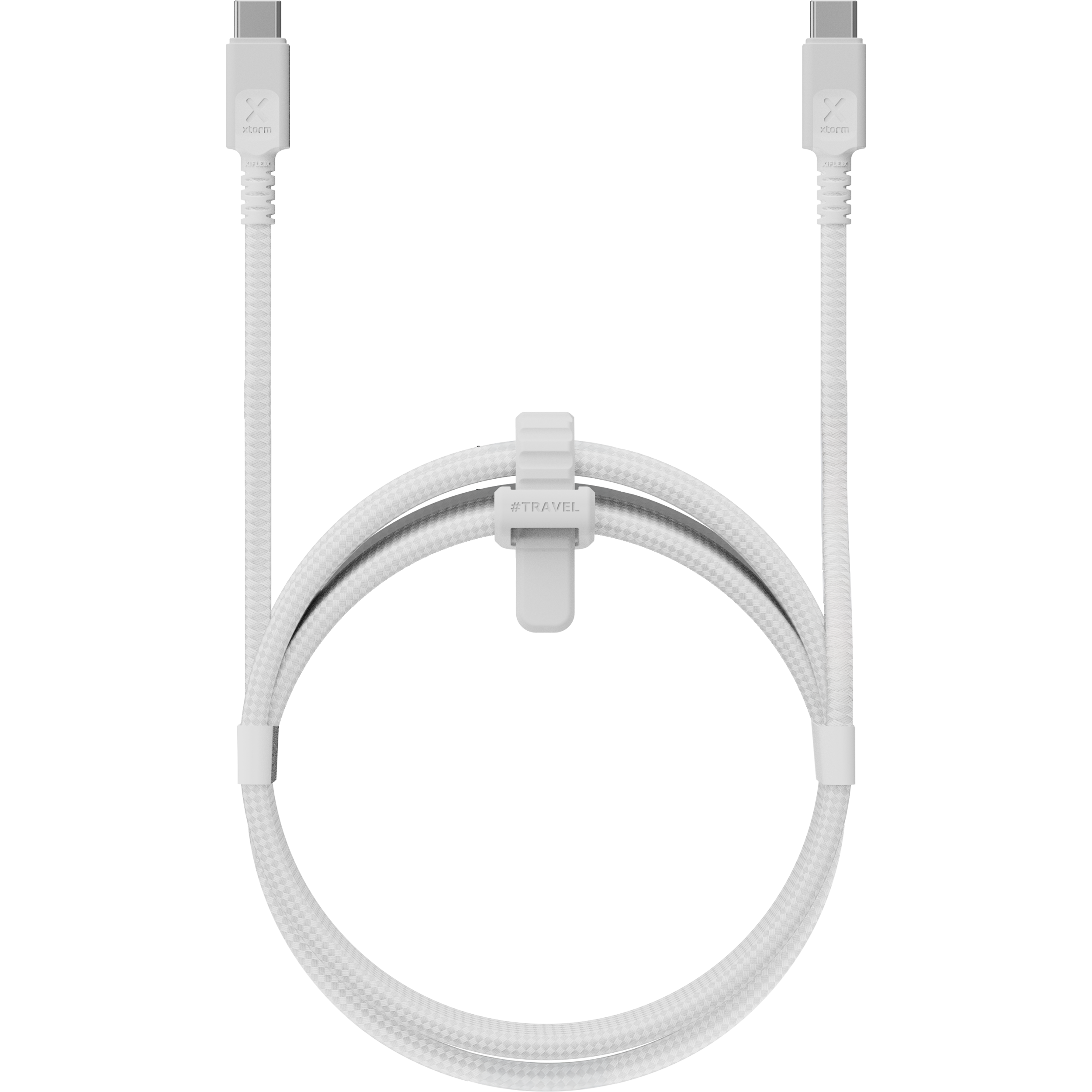 Weißes USB-C-Kabel mit zwei Steckern und einem Kabel-Organizer.